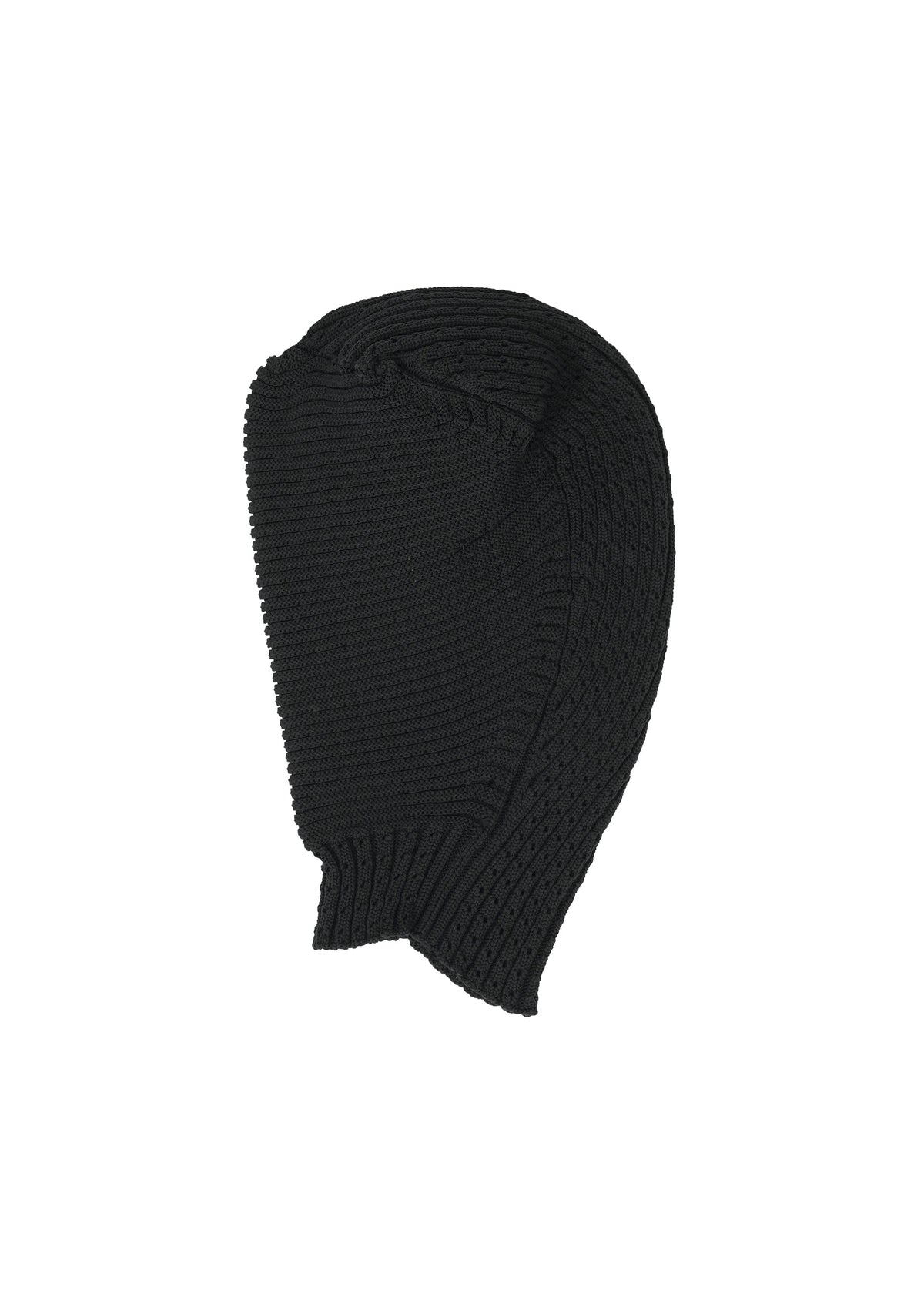 The FOUND STONE BEANIE by ISSEY MIYAKE is a black knitted balaclava featuring a textured, three-dimensional pattern, covering the head and neck with a face opening. Displayed against a plain white background. view 3 of 5