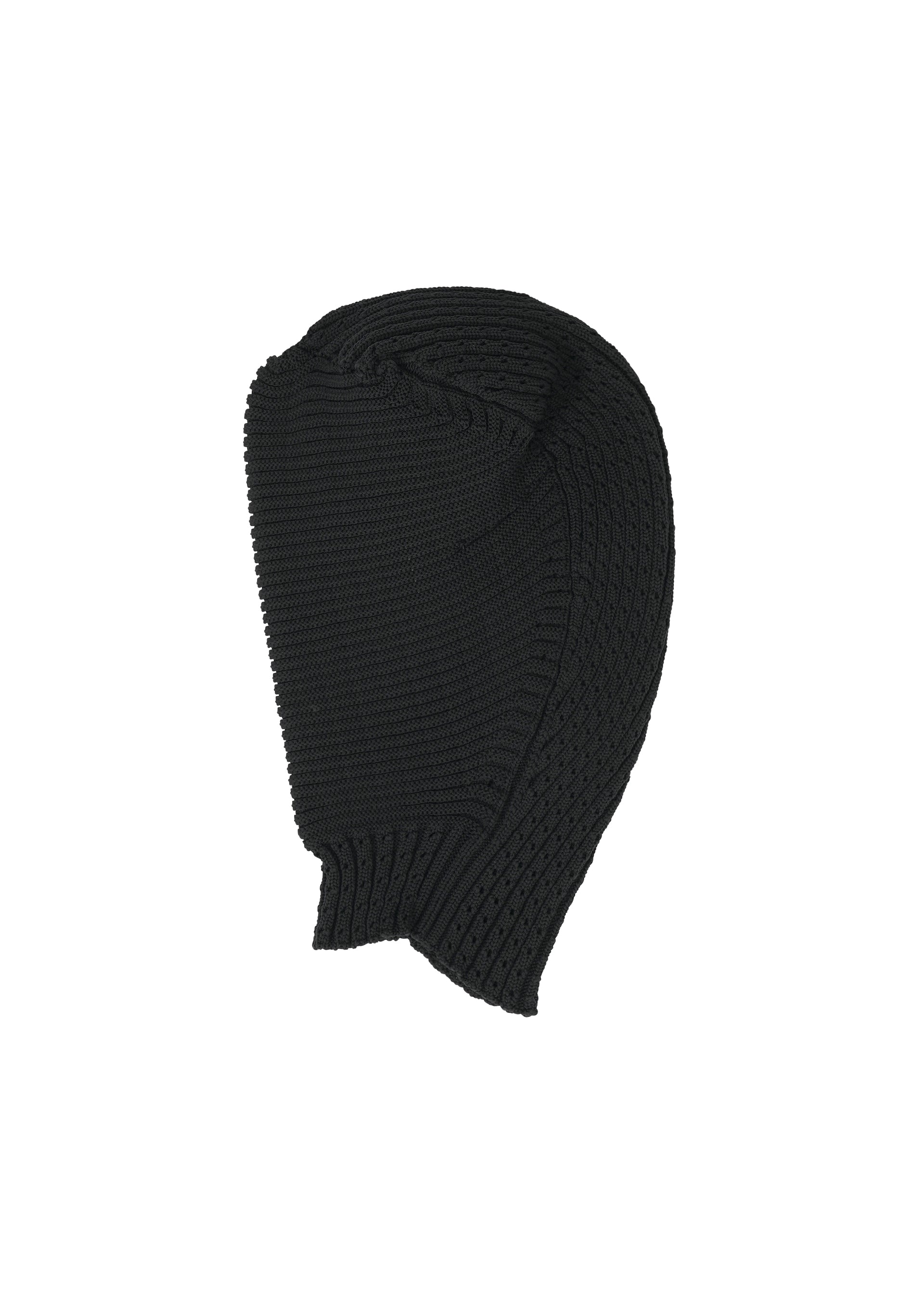 Zoomed view The FOUND STONE BEANIE by ISSEY MIYAKE is a black knitted balaclava featuring a textured, three-dimensional pattern, covering the head and neck with a face opening. Displayed against a plain white background. - BLACK （no.15）