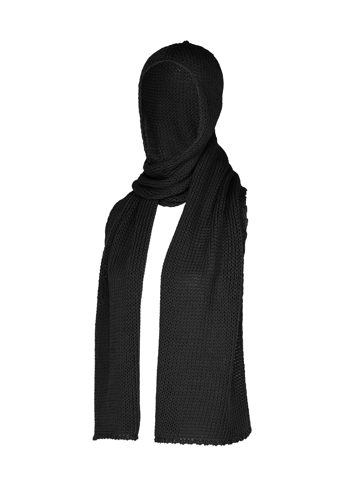 Zoomed view The PANINI BALACLAVA by ISSEY MIYAKE is a black, knitted wool-alpaca balaclava with an attached scarf, shown on an invisible mannequin against a white background. - BLACK （no.15）