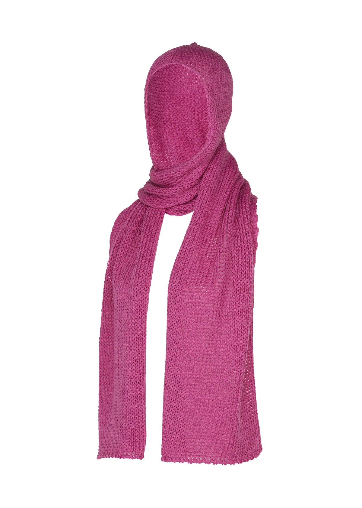 A mannequin models the PANINI BALACLAVA by ISSEY MIYAKE, a magenta wool-alpaca piece covering the head and neck, with long scarf ends draped elegantly in front. view 2 of 7