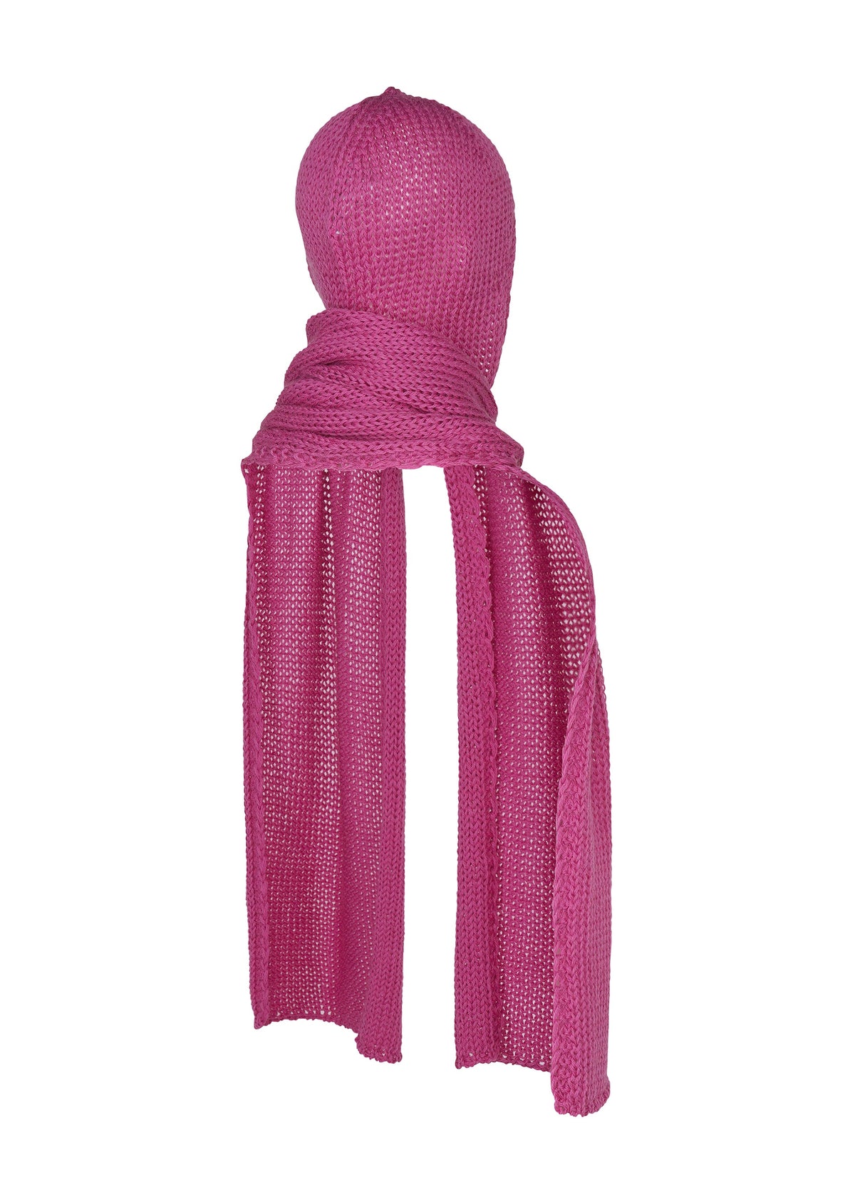 A mannequin head is wrapped in a long, bright pink ISSEY MIYAKE PANINI BALACLAVA, covering the face and neck for a cozy, balaclava-like effect. view 4 of 7