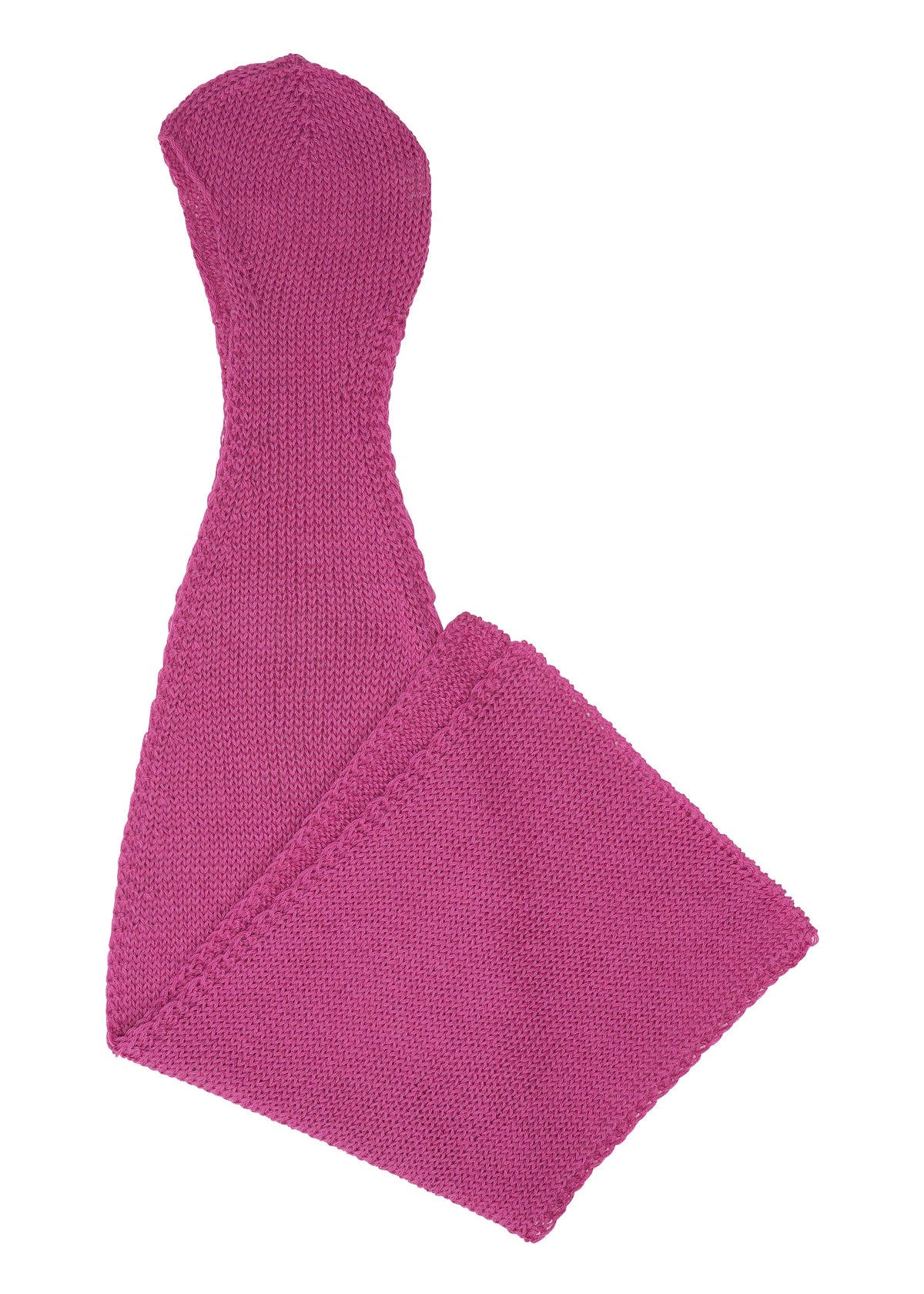 The PANINI BALACLAVA by ISSEY MIYAKE is a magenta, hand-knitted wool-alpaca scarf with one squared, wide end and one narrow, rounded end, shown on a white background. view 5 of 7