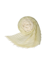 The ISSEY MIYAKE GRADATION RAMIE PLEATS STOLE, in light yellow, is shown rolled up on a white background with semi-sheer pleats and delicate frayed edges at one end. - WHITE-HUED （no.07）