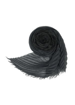 The ISSEY MIYAKE GRADATION RAMIE PLEATS STOLE is a sheer black pleated scarf with fringed edges and elegant color gradation, perfect as a lightweight accessory for any occasion. - BLACK-HUED （no.17）