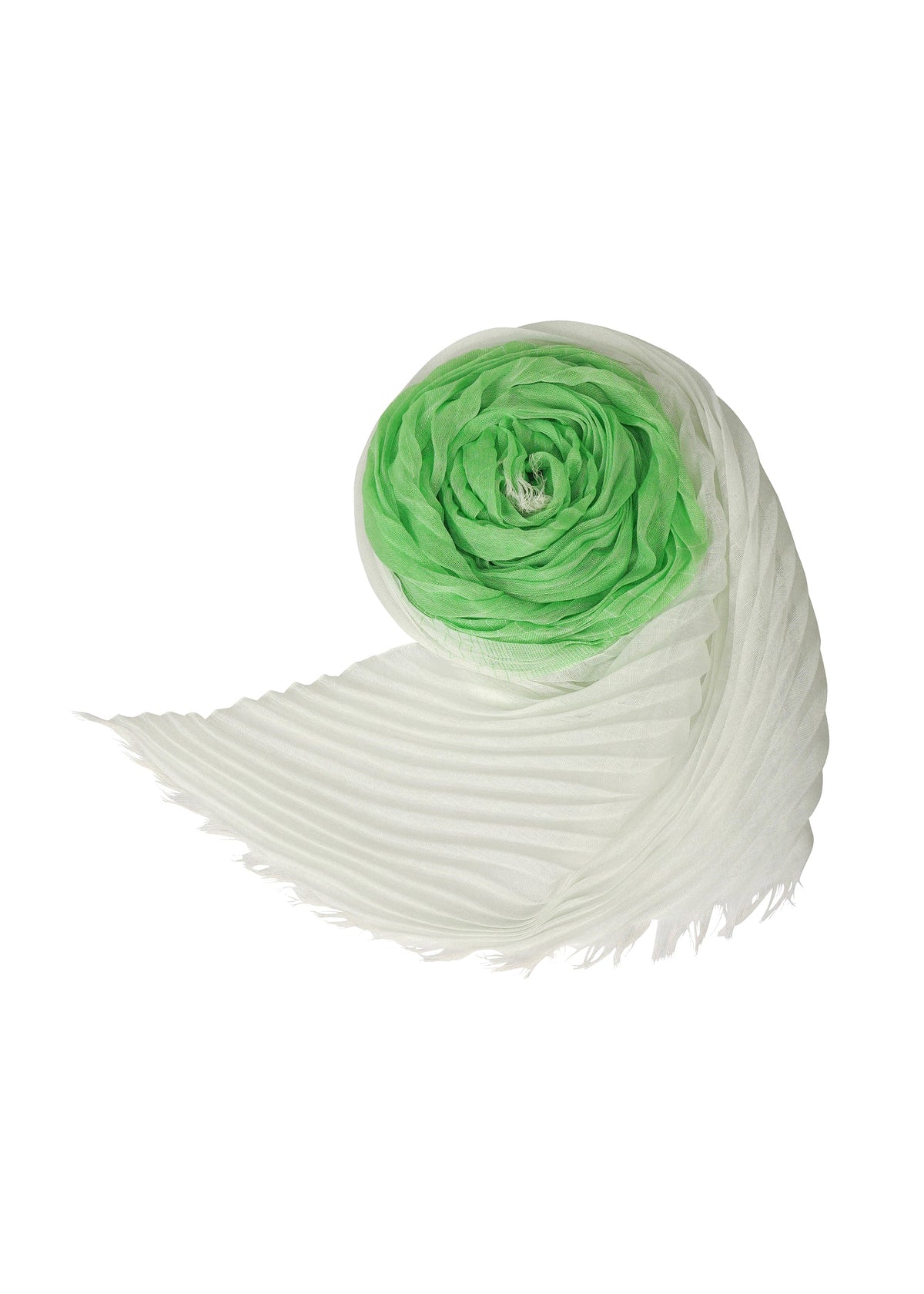 The ISSEY MIYAKE GRADATION RAMIE PLEATS STOLE is a lightweight scarf with fine pleats and frayed edges, featuring a spiral roll and color gradation from green at the center to white at the edge, with one end unrolled and fanned out. view 3 of 7