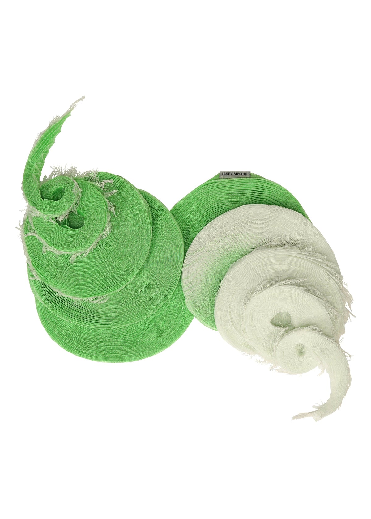 The ISSEY MIYAKE GRADATION RAMIE PLEATS STOLE features two spiral-shaped stoles in bright green and light mint, showcasing a stunning color gradation. These lightweight accessories are displayed side by side on a white background. view 4 of 7