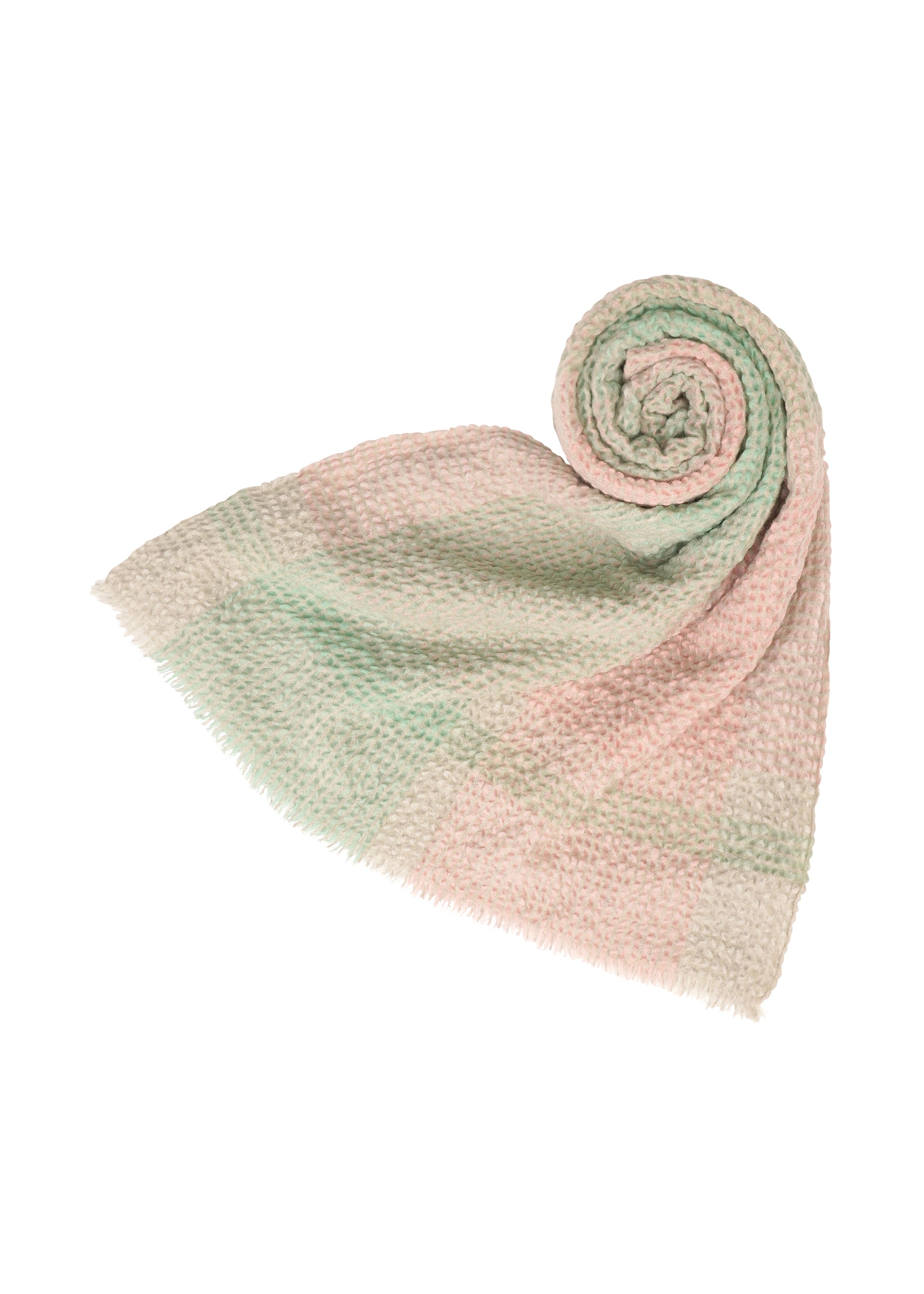 Zoomed view The BUMPY WOOL STOLE by ISSEY MIYAKE is a soft, pastel-toned accessory featuring a bumpy texture and a green-and-pink checkered pattern, shown neatly rolled from one corner on a white background. - GRAY-HUED （no.16）