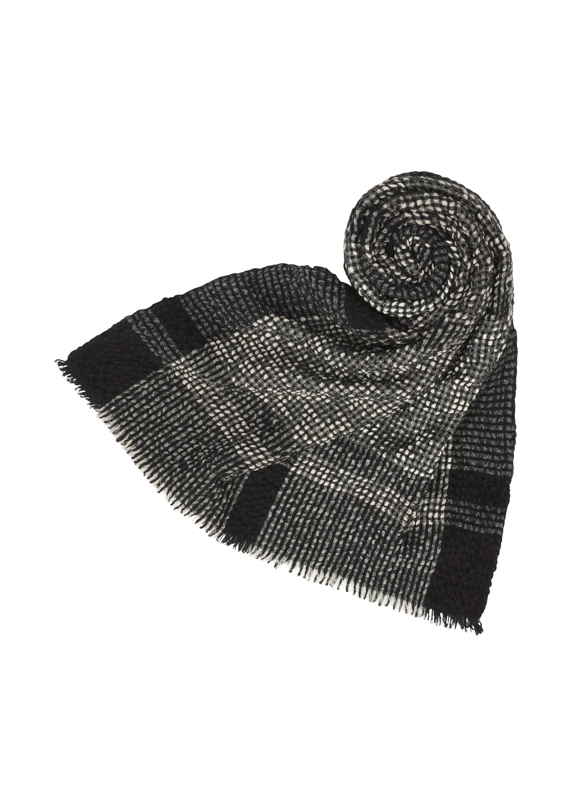 Zoomed view The BUMPY WOOL STOLE by ISSEY MIYAKE features a black and gray plaid pattern with fringed edges, partially rolled into a spiral on a white background to highlight its subtly bumpy texture. - BLACK-HUED （no.17）