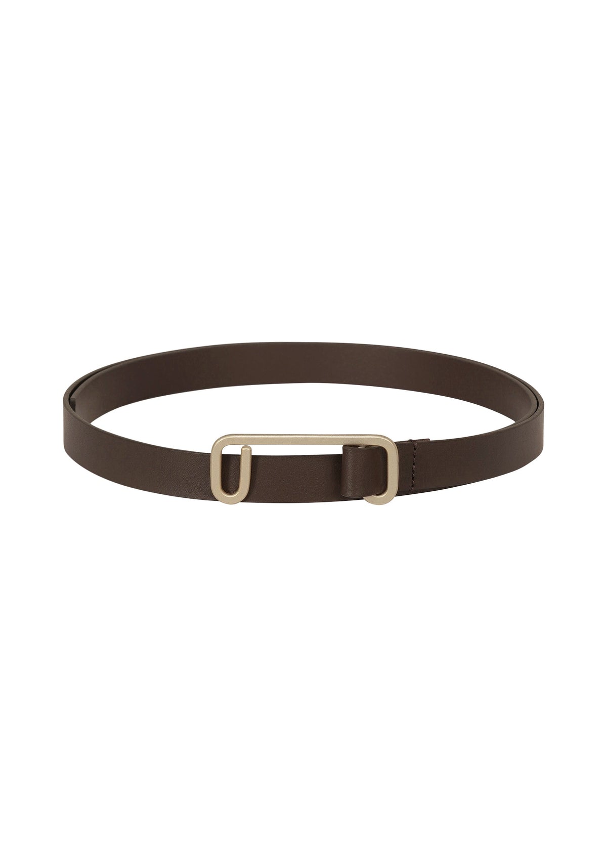 The SOLID LEATHER BELT by ISSEY MIYAKE is a minimalist accessory crafted from premium leather, showcasing a simple gold rectangular buckle and displayed in a circular shape on a white background. view 2 of 4