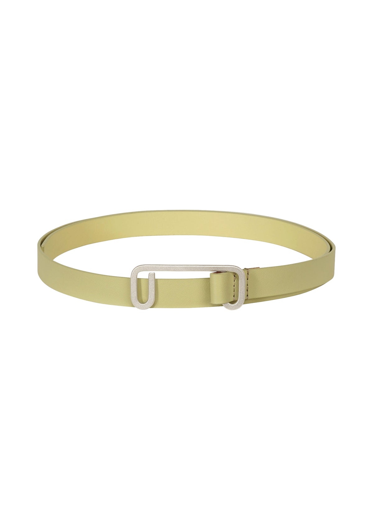 The SOLID LEATHER BELT by ISSEY MIYAKE is a minimalist light yellow leather belt with a sleek rectangular silver buckle, shown on a white background. view 3 of 4