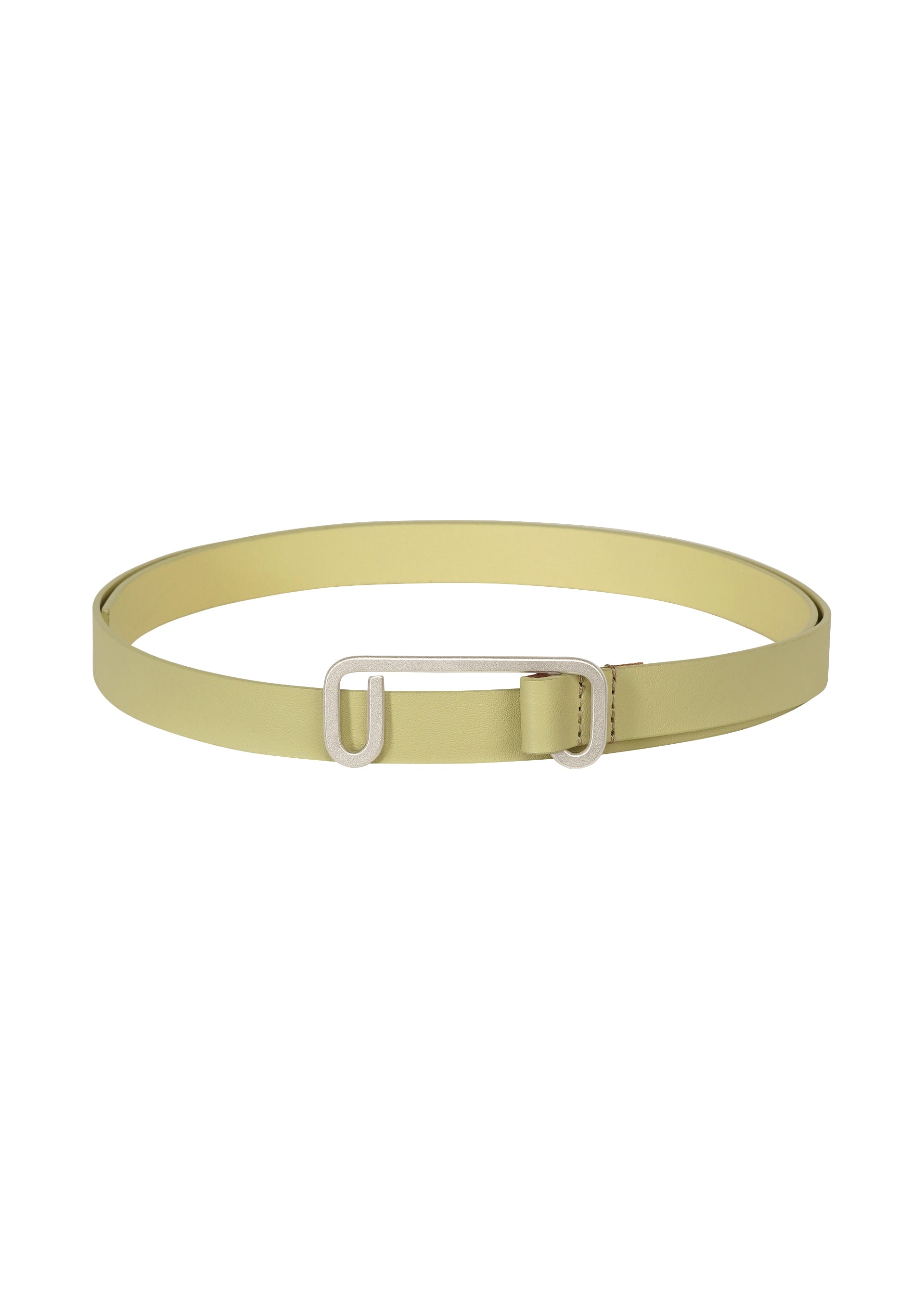 Zoomed view The SOLID LEATHER BELT by ISSEY MIYAKE is a minimalist light yellow leather belt with a sleek rectangular silver buckle, shown on a white background.