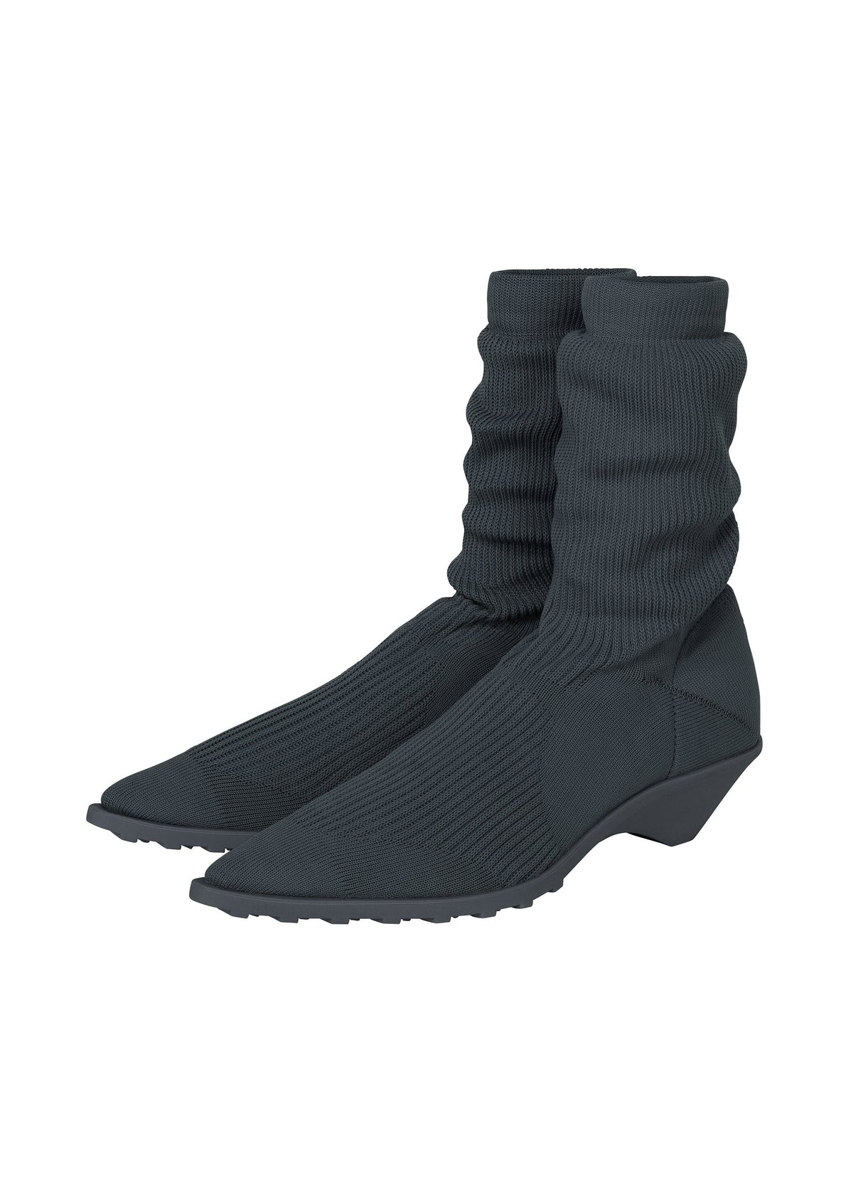 A pair of black ANNA boots by ISSEY MIYAKE, featuring ribbed knit construction, pointed toes, slouchy ankles, and low angular heels—reminiscent of stylish sock-like shoes—displayed against a white background. view 3 of 11
