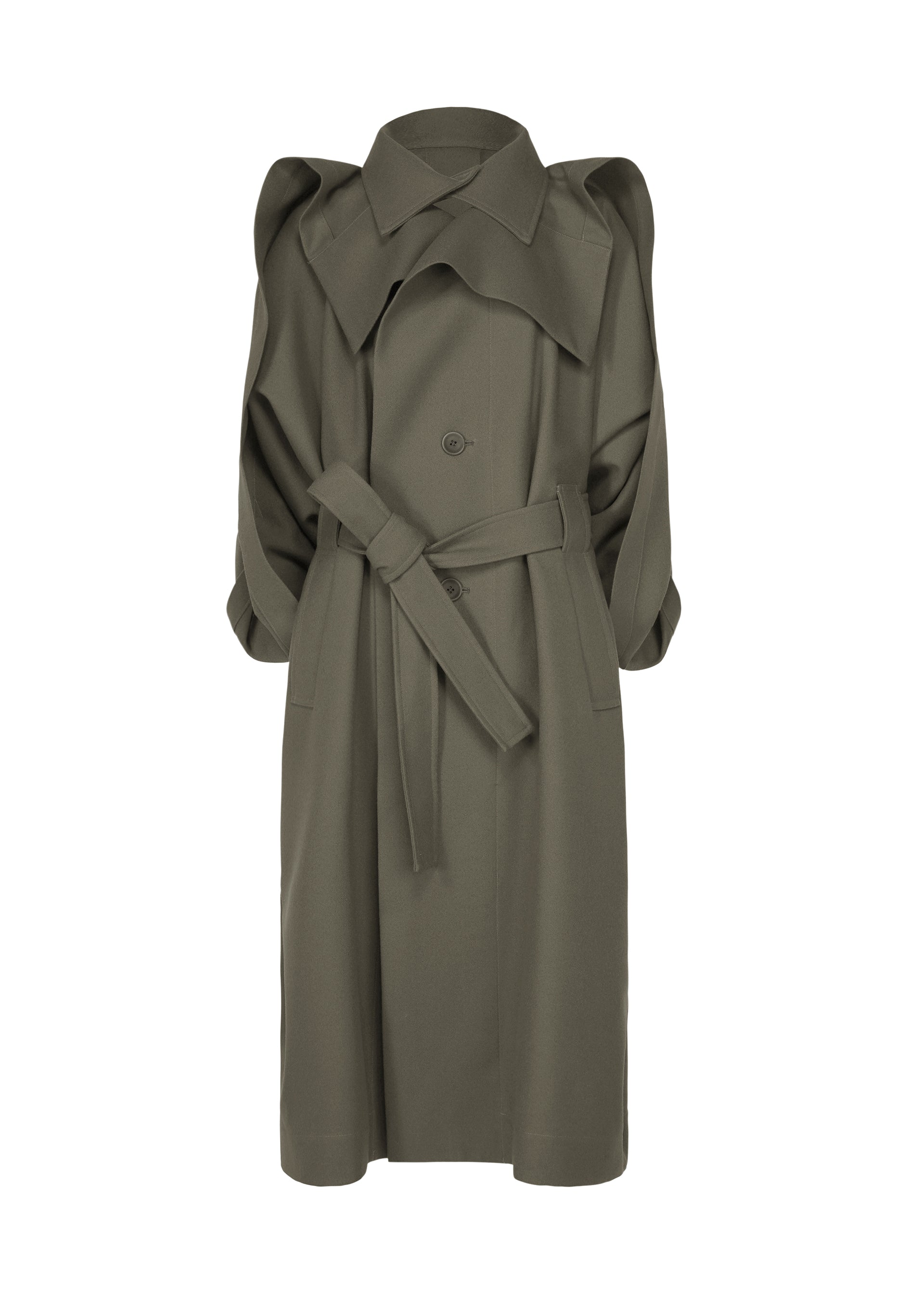 Zoomed view The CALLIGRAPH coat by ISSEY MIYAKE is an olive green, knee-length trench featuring large lapels, rolled-up sleeves, and a belted waist. Crafted from premium wool for the ISSEY MIYAKE Autumn Winter 2026/27 Collection, this piece is displayed against a plain white background. - GRAY （no.12）