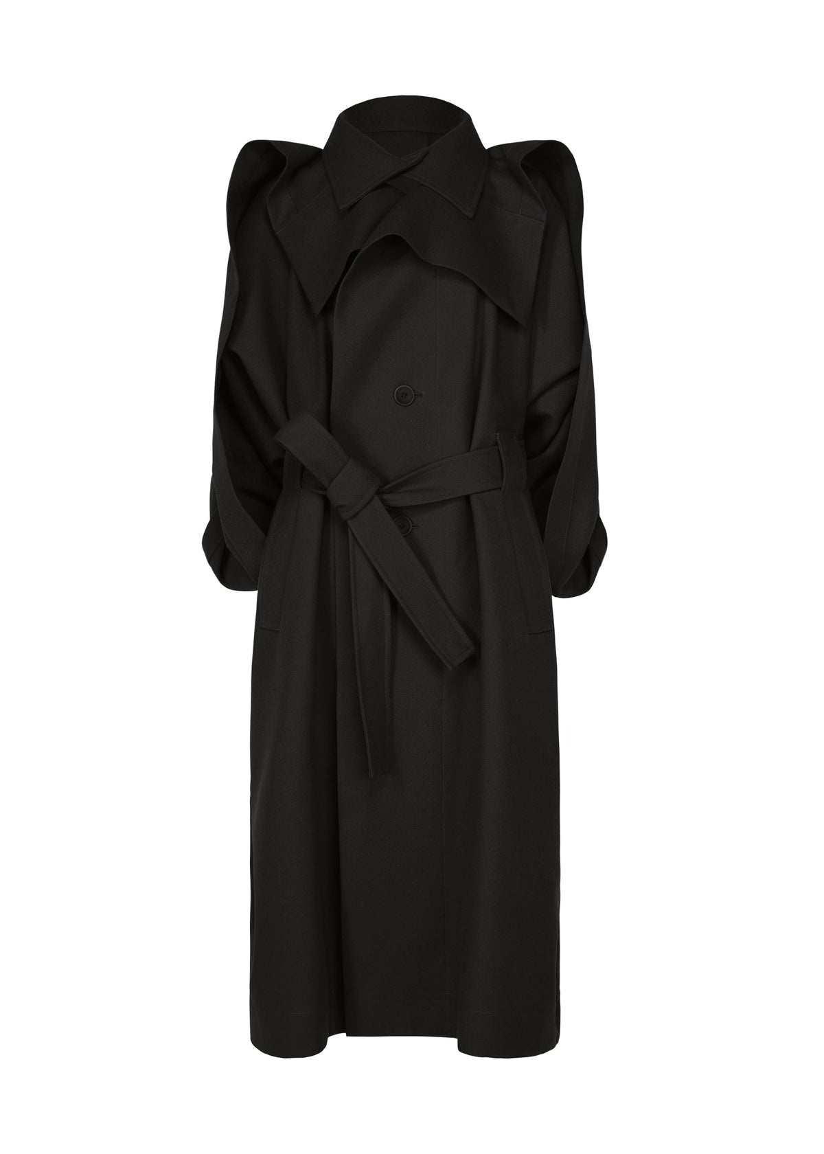 The CALLIGRAPH black belted trench coat by ISSEY MIYAKE features wide lapels, puffed shoulders, and long sleeves. Crafted for the ISSEY MIYAKE Autumn Winter 2026/27 Collection, this premium wool coat offers a structured silhouette and two large front pockets, showcased on a plain white background. view 2 of 7
