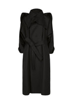 The CALLIGRAPH black belted trench coat by ISSEY MIYAKE features wide lapels, puffed shoulders, and long sleeves. Crafted for the ISSEY MIYAKE Autumn Winter 2026/27 Collection, this premium wool coat offers a structured silhouette and two large front pockets, showcased on a plain white background. - BLACK （no.15）