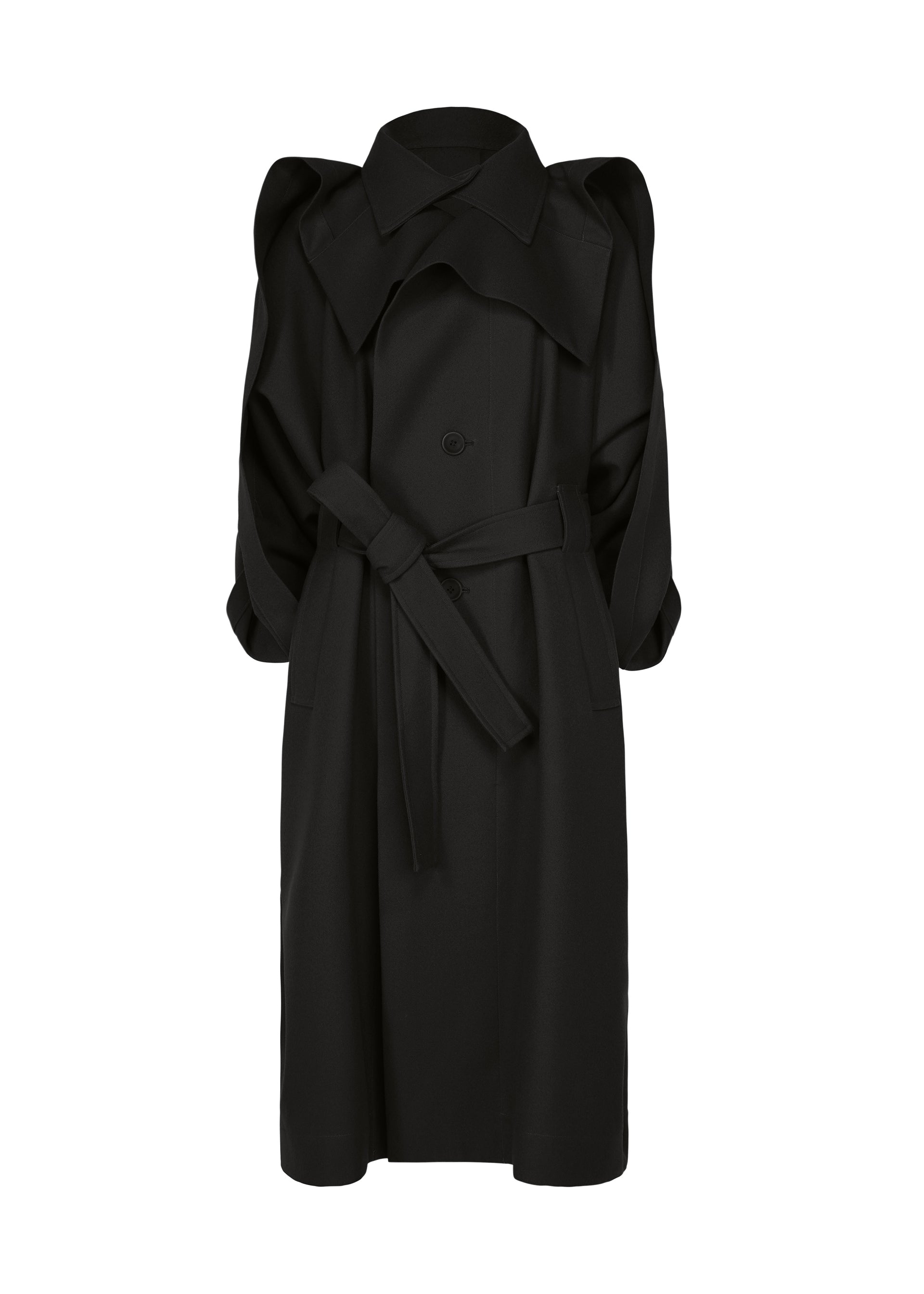 Zoomed view The CALLIGRAPH black belted trench coat by ISSEY MIYAKE features wide lapels, puffed shoulders, and long sleeves. Crafted for the ISSEY MIYAKE Autumn Winter 2026/27 Collection, this premium wool coat offers a structured silhouette and two large front pockets, showcased on a plain white background. - BLACK （no.15）