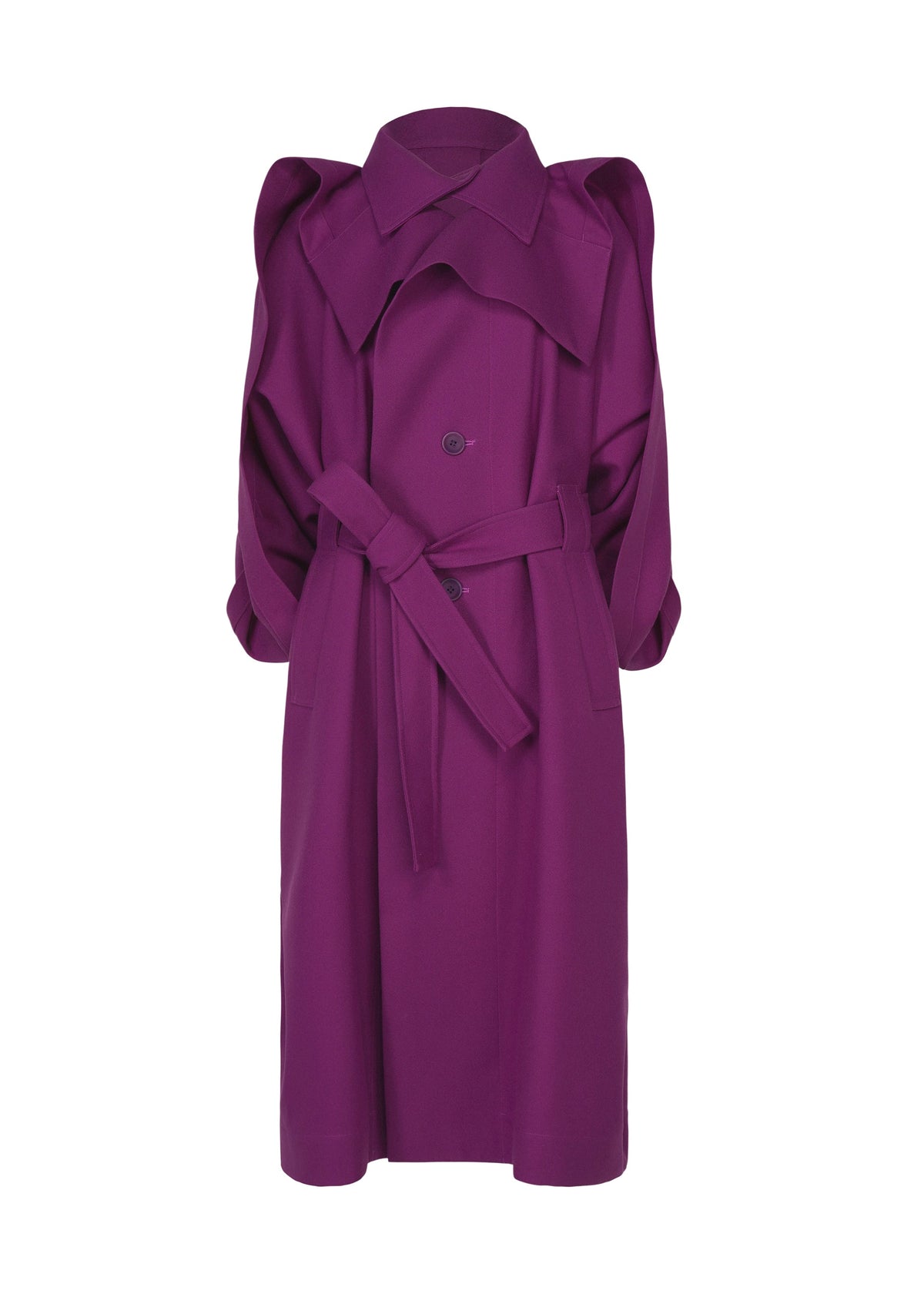 The CALLIGRAPH coat by ISSEY MIYAKE is a premium wool trench in a rich purple shade, featuring a belted waist, double-breasted buttons, wide collar, and puffed shoulders. Part of the Autumn Winter 2026/27 Collection, it is displayed against a white background. view 3 of 7