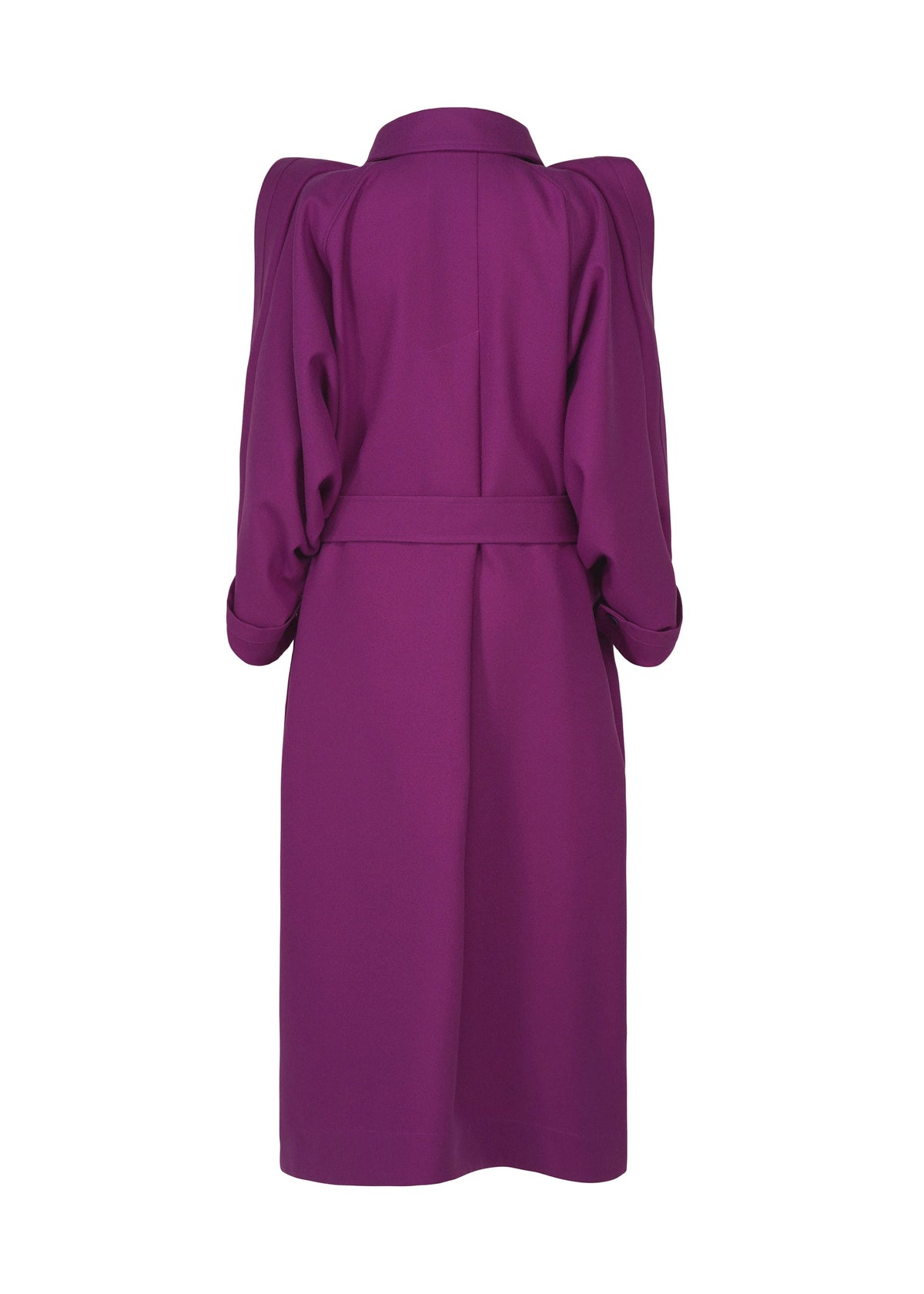 A knee-length, long-sleeve purple premium wool coat from the ISSEY MIYAKE CALLIGRAPH Autumn Winter 2026/27 Collection, featuring a belted waist and structured puffed shoulders, is shown from the back against a white background. view 4 of 7