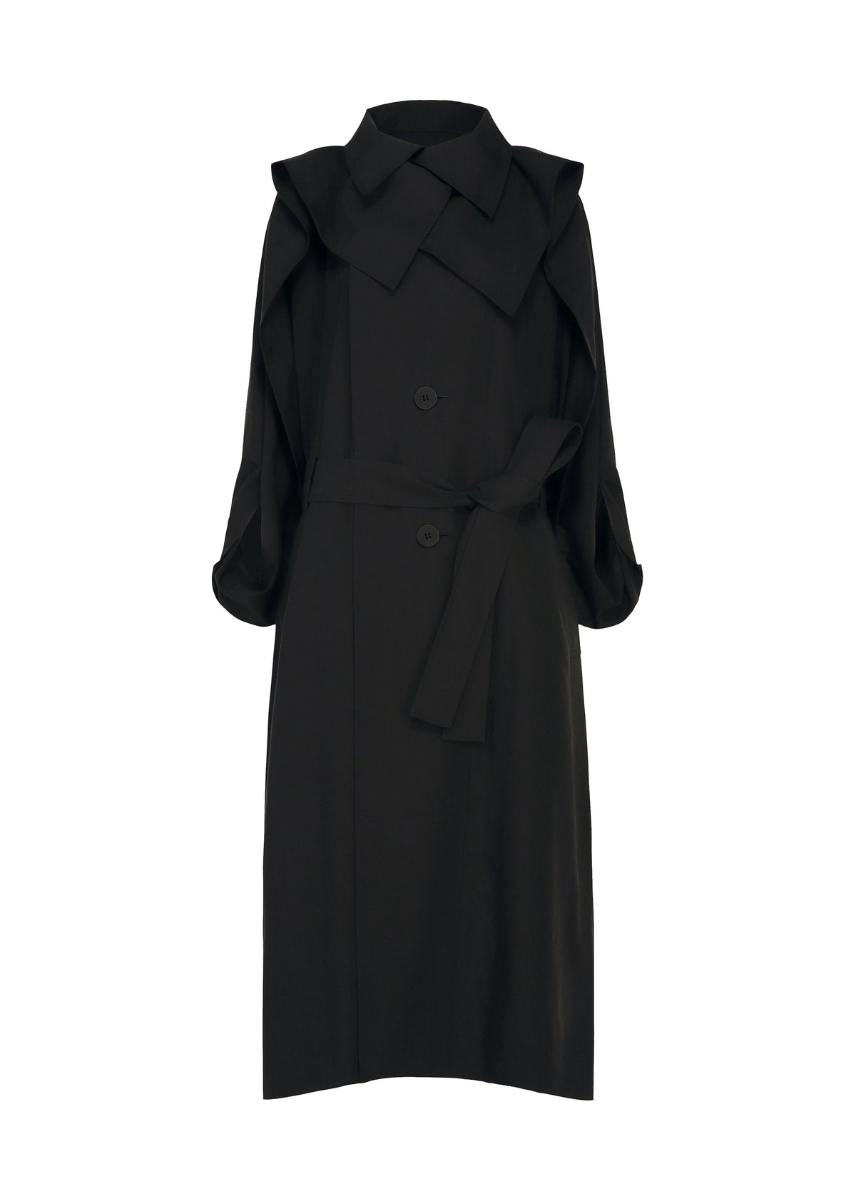 The HANDS OF LOVER coat by ISSEY MIYAKE is a long black trench featuring large lapels, a double-breasted front, belted waist, and loose ruched sleeves. Crafted from premium poplin fabric for a crisp yet fluid silhouette, this coat stands out with subtle silk-screen discharge printing details that bring a modern twist to its timeless design. view 1 of 6