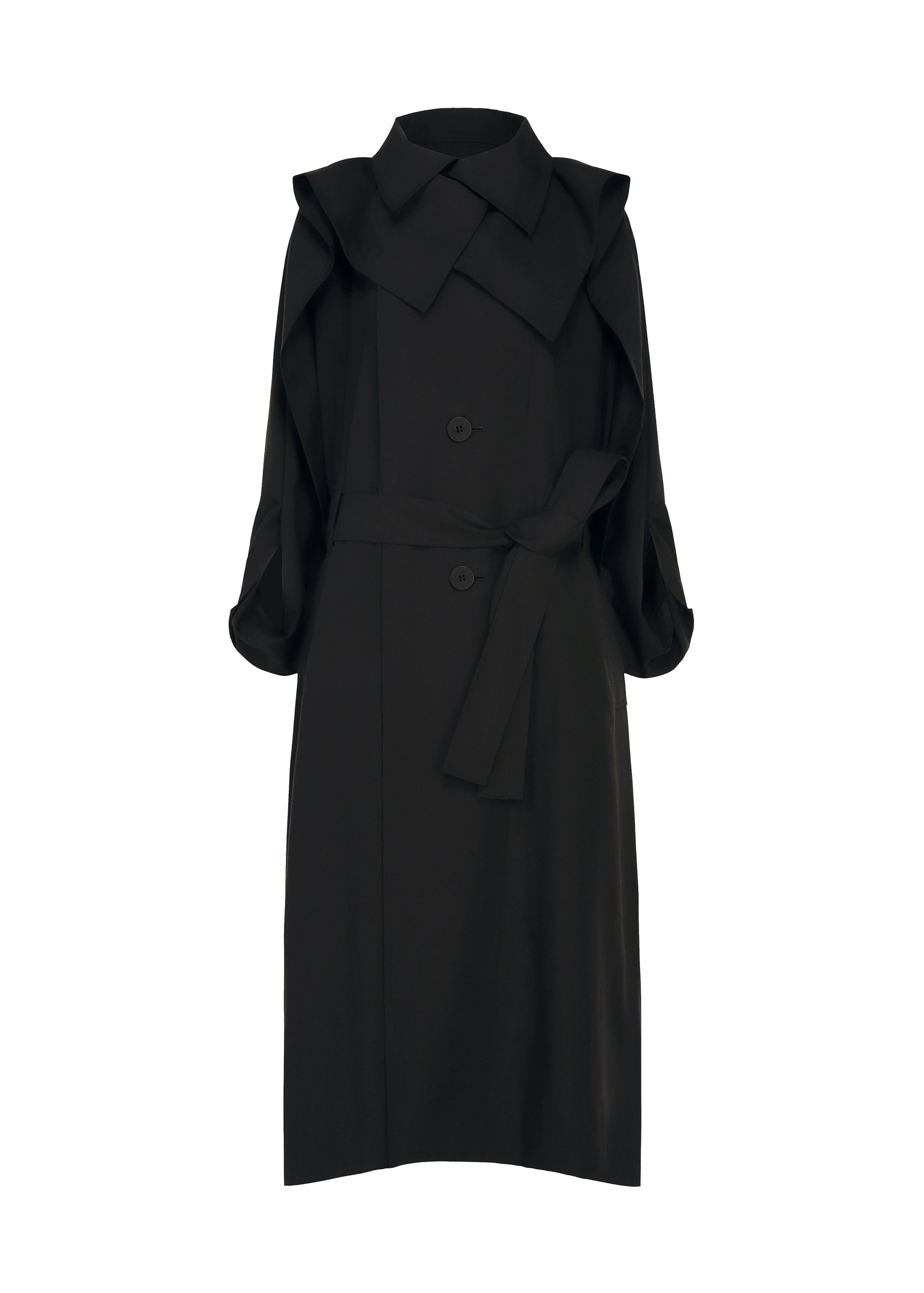 Zoomed view The HANDS OF LOVER coat by ISSEY MIYAKE is a long black trench featuring large lapels, a double-breasted front, belted waist, and loose ruched sleeves. Crafted from premium poplin fabric for a crisp yet fluid silhouette, this coat stands out with subtle silk-screen discharge printing details that bring a modern twist to its timeless design. - BLACK-HUED （no.17）