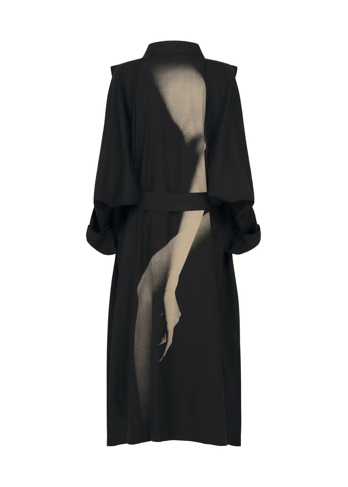 The HANDS OF LOVER coat by ISSEY MIYAKE is a black long coat made from durable poplin fabric, distinguished by a large abstract beige graphic of a bent arm and hand silk-screened with discharge printing on the back. view 2 of 6