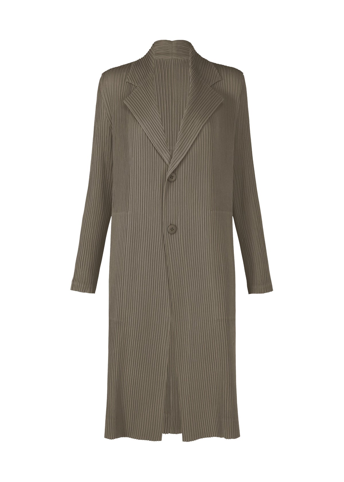 Zoomed view The HATCHING PLEATS by ISSEY MIYAKE is an olive-green pleated coat made from recycled polyester, featuring a single button closure, notched lapels, and long sleeves on a white background. - GRAY （no.12）