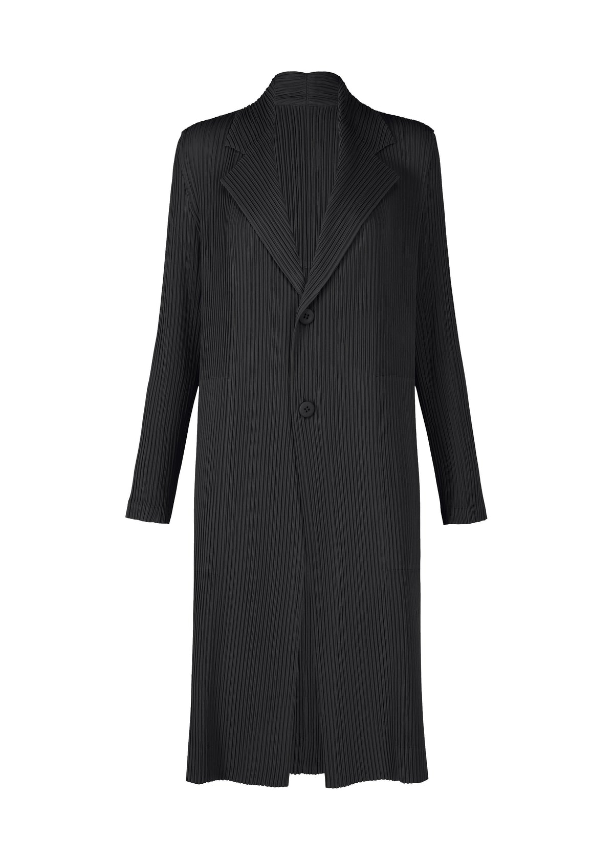 Zoomed view The HATCHING PLEATS coat by ISSEY MIYAKE is a long black pleated style with notched lapel, two front buttons, long sleeves, and a straight silhouette in recycled polyester, shown against a white background.