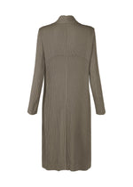 Back view of the HATCHING PLEATS long olive-green pleated coat by ISSEY MIYAKE, featuring long sleeves and a straight cut in recycled polyester, shown against a white background.