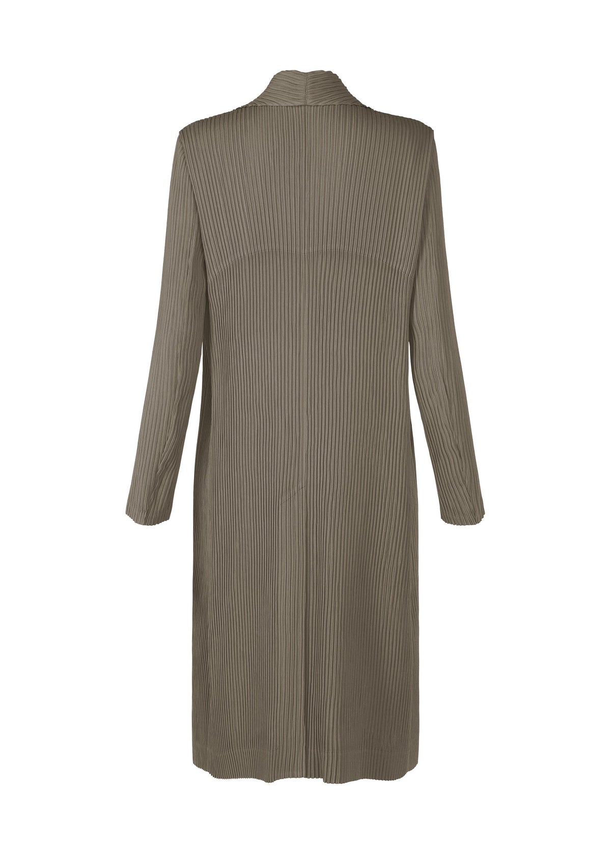 The HATCHING PLEATS by ISSEY MIYAKE is a long-sleeved, knee-length olive green pleated coat in recycled polyester with a subtle vertical texture, shown from the back on a white background. view 2 of 5