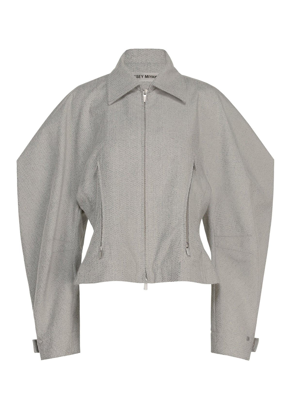 Light gray, textured REFLECTION jacket by ISSEY MIYAKE featuring a front zipper, wide structured sleeves, pointed collar, and zippered side pockets. Reminiscent of a modern silver jacket, its subtle sheen catches the eye while maintaining a refined aesthetic. The label inside the collar reads ISSEY MIYAKE. view 1 of 7