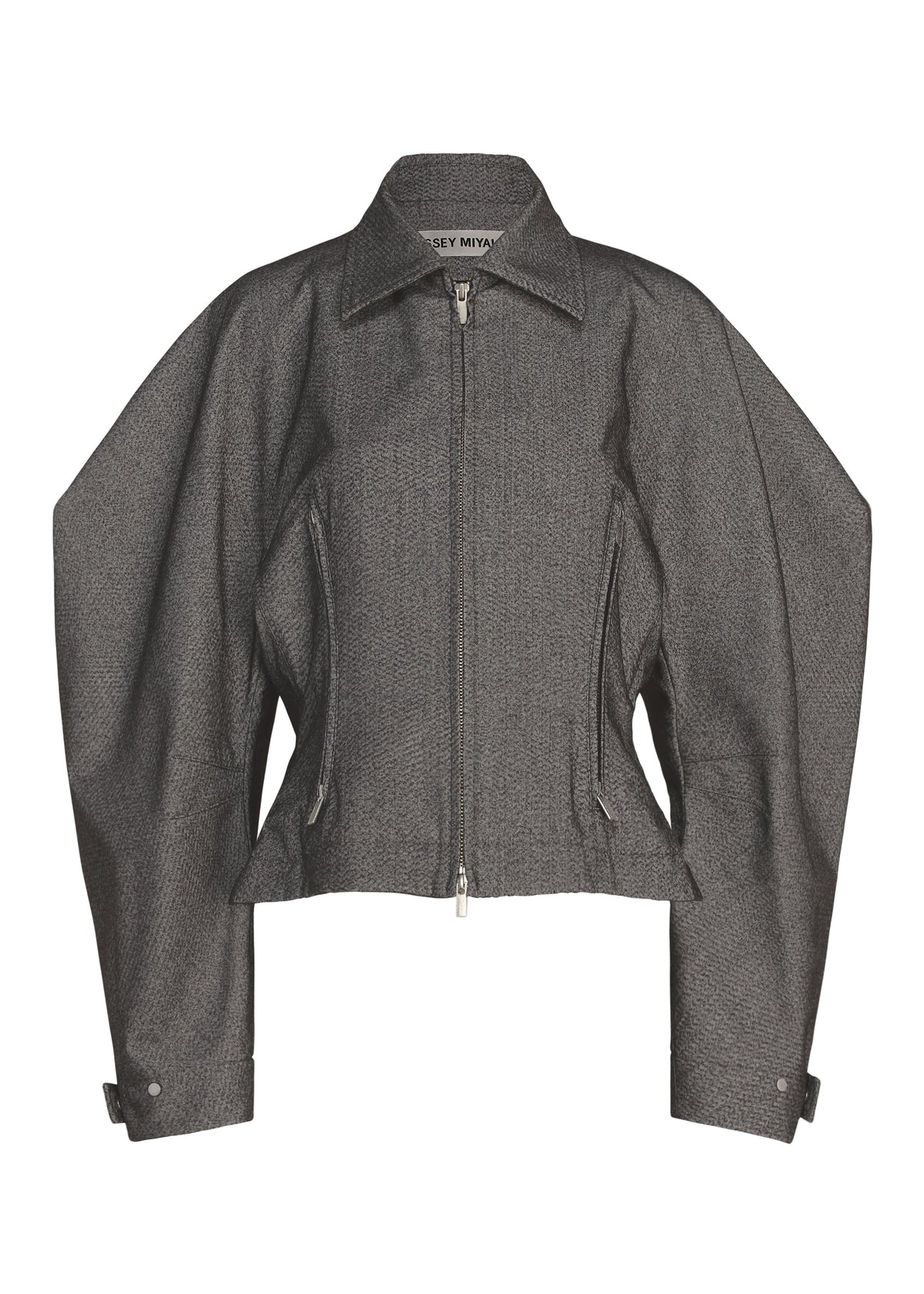 A gray structured jacket by ISSEY MIYAKE, named REFLECTION, featuring wide angular sleeves, a front zipper, two zippered pockets, a pointed collar, and cuffed wrists. Its sleek finish and modern edge give it the look of a silver jacket. The label inside reads ISSEY MIYAKE. view 2 of 7