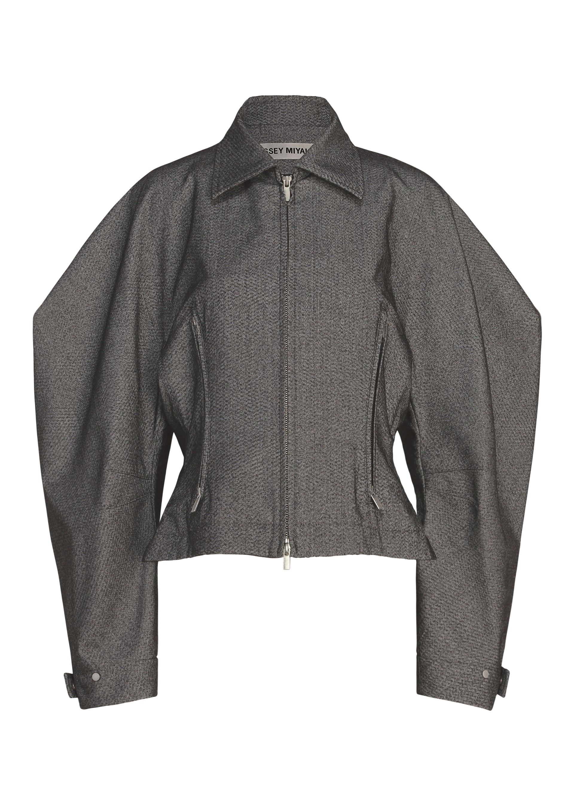 Zoomed view A gray structured jacket by ISSEY MIYAKE, named REFLECTION, featuring wide angular sleeves, a front zipper, two zippered pockets, a pointed collar, and cuffed wrists. Its sleek finish and modern edge give it the look of a silver jacket. The label inside reads ISSEY MIYAKE. - GRAY （no.12）