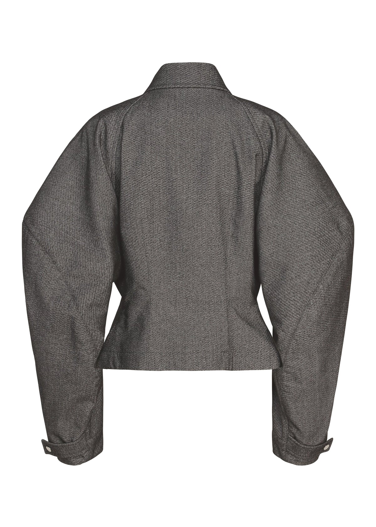 The REFLECTION jacket by ISSEY MIYAKE is a gray tailored design featuring wide, structured shoulders and long sleeves, shown from the back. Reminiscent of a sleek silver piece, it boasts a fitted waist and buttoned cuffs. view 3 of 7