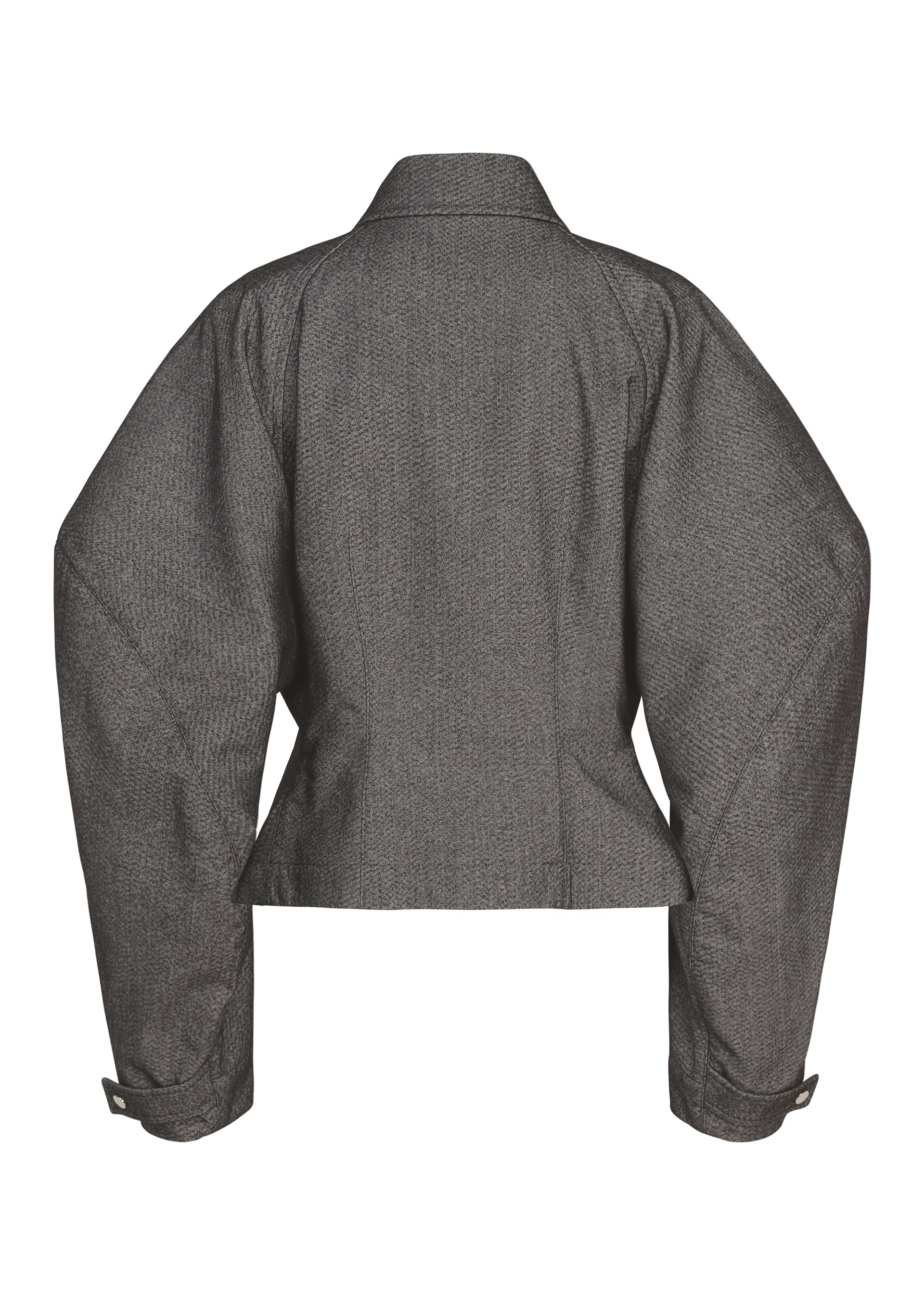 Zoomed view The REFLECTION jacket by ISSEY MIYAKE is a gray tailored design featuring wide, structured shoulders and long sleeves, shown from the back. Reminiscent of a sleek silver piece, it boasts a fitted waist and buttoned cuffs.