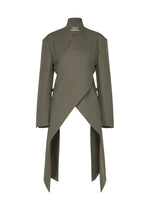 Olive green, long-sleeve “CALLIGRAPH” wrap coat by ISSEY MIYAKE, crafted from woven nashiji pebbled fabric with an asymmetrical silhouette, high collar, single chest pocket, and pointed front hems—presented on a white background as a standout from the ISSEY MIYAKE Autumn Winter Collection. - GRAY （no.12）