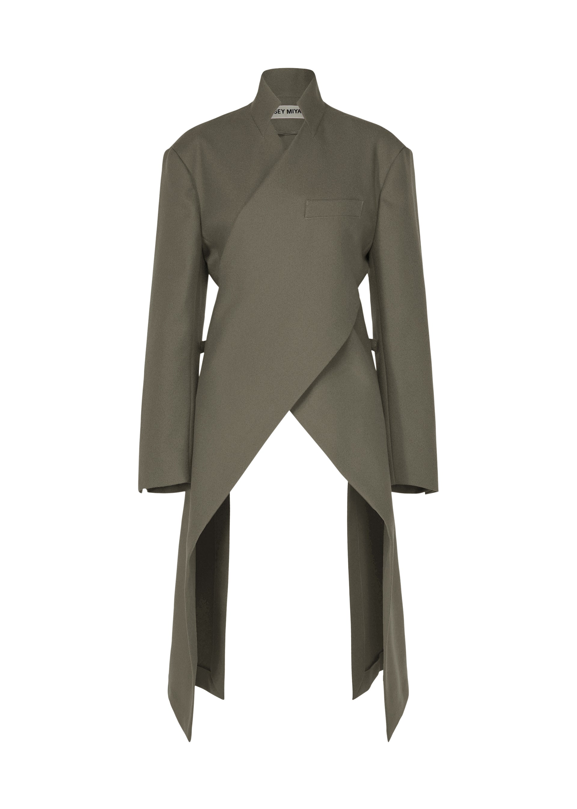 Zoomed view Olive green, long-sleeve “CALLIGRAPH” wrap coat by ISSEY MIYAKE, crafted from woven nashiji pebbled fabric with an asymmetrical silhouette, high collar, single chest pocket, and pointed front hems—presented on a white background as a standout from the ISSEY MIYAKE Autumn Winter Collection. - GRAY （no.12）