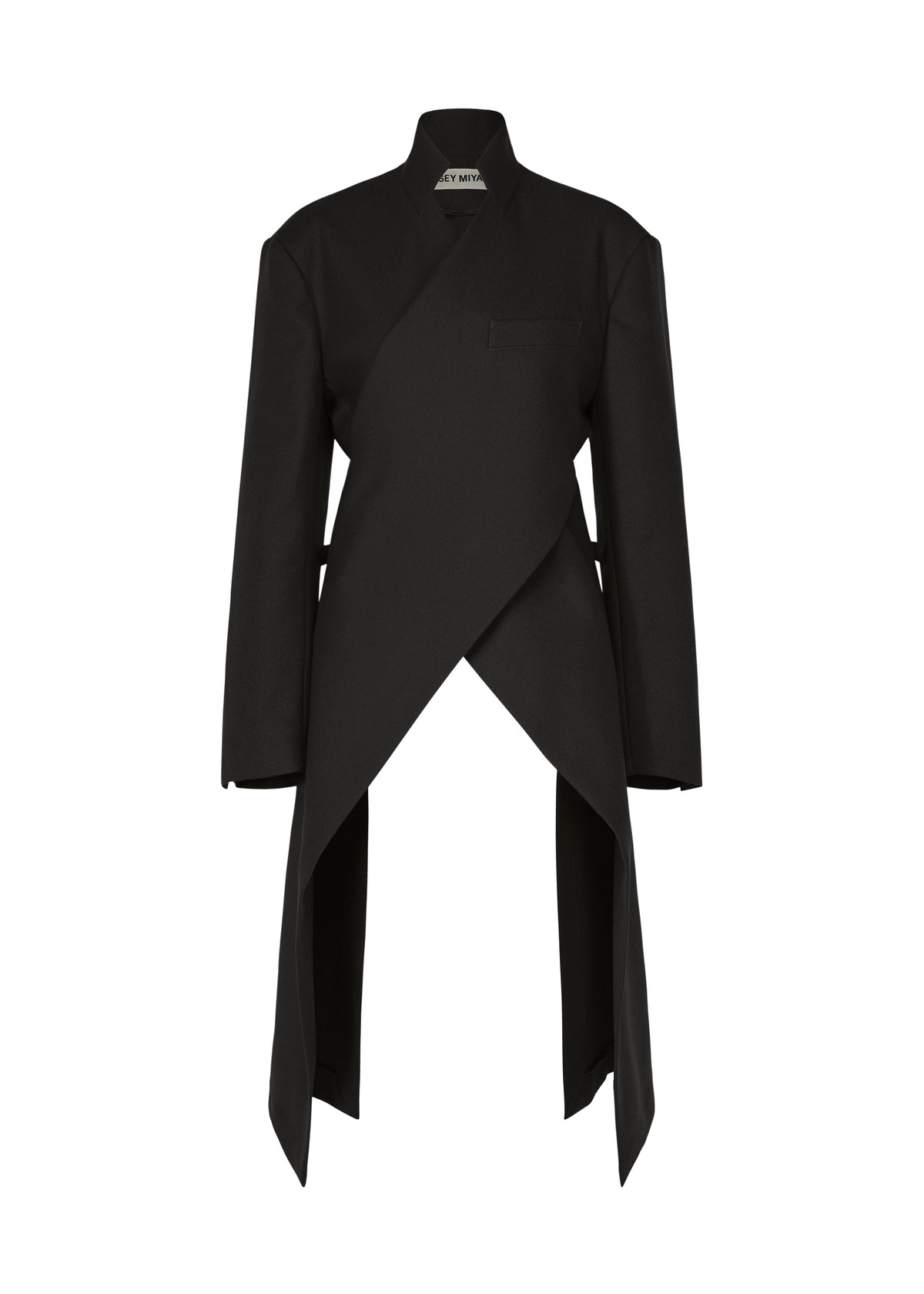 Here’s your revised sentence using the provided product data: The CALLIGRAPH blazer by ISSEY MIYAKE is a long black asymmetrical jacket crafted from premium wool with a distinctive woven nashiji pebbled texture. Featuring a high collar, wrap front, and sharply angled hem, this piece—shown against a plain white background—draws inspiration from the refined tailoring of the ISSEY MIYAKE Autumn/Winter Collection. view 3 of 8