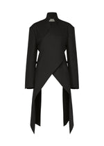 Here’s your revised sentence using the provided product data: The CALLIGRAPH blazer by ISSEY MIYAKE is a long black asymmetrical jacket crafted from premium wool with a distinctive woven nashiji pebbled texture. Featuring a high collar, wrap front, and sharply angled hem, this piece—shown against a plain white background—draws inspiration from the refined tailoring of the ISSEY MIYAKE Autumn/Winter Collection. - BLACK （no.15）