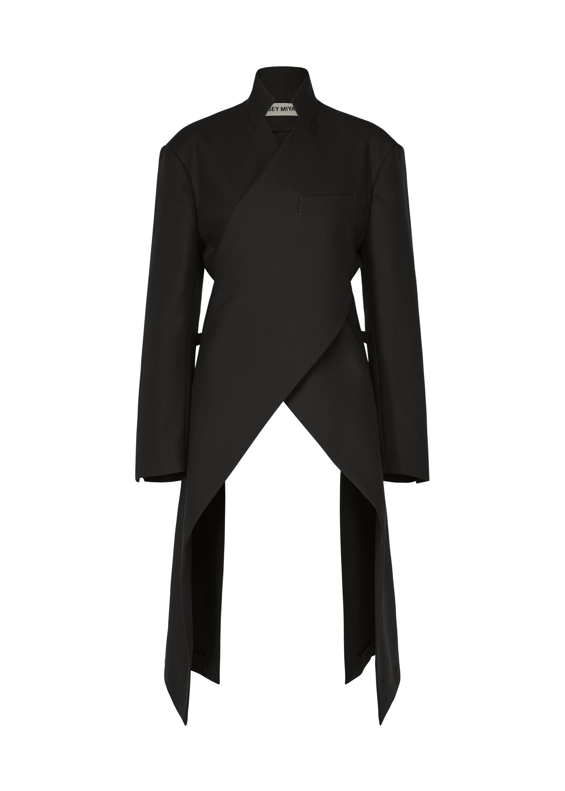 Zoomed view Here’s your revised sentence using the provided product data: The CALLIGRAPH blazer by ISSEY MIYAKE is a long black asymmetrical jacket crafted from premium wool with a distinctive woven nashiji pebbled texture. Featuring a high collar, wrap front, and sharply angled hem, this piece—shown against a plain white background—draws inspiration from the refined tailoring of the ISSEY MIYAKE Autumn/Winter Collection. - BLACK （no.15）