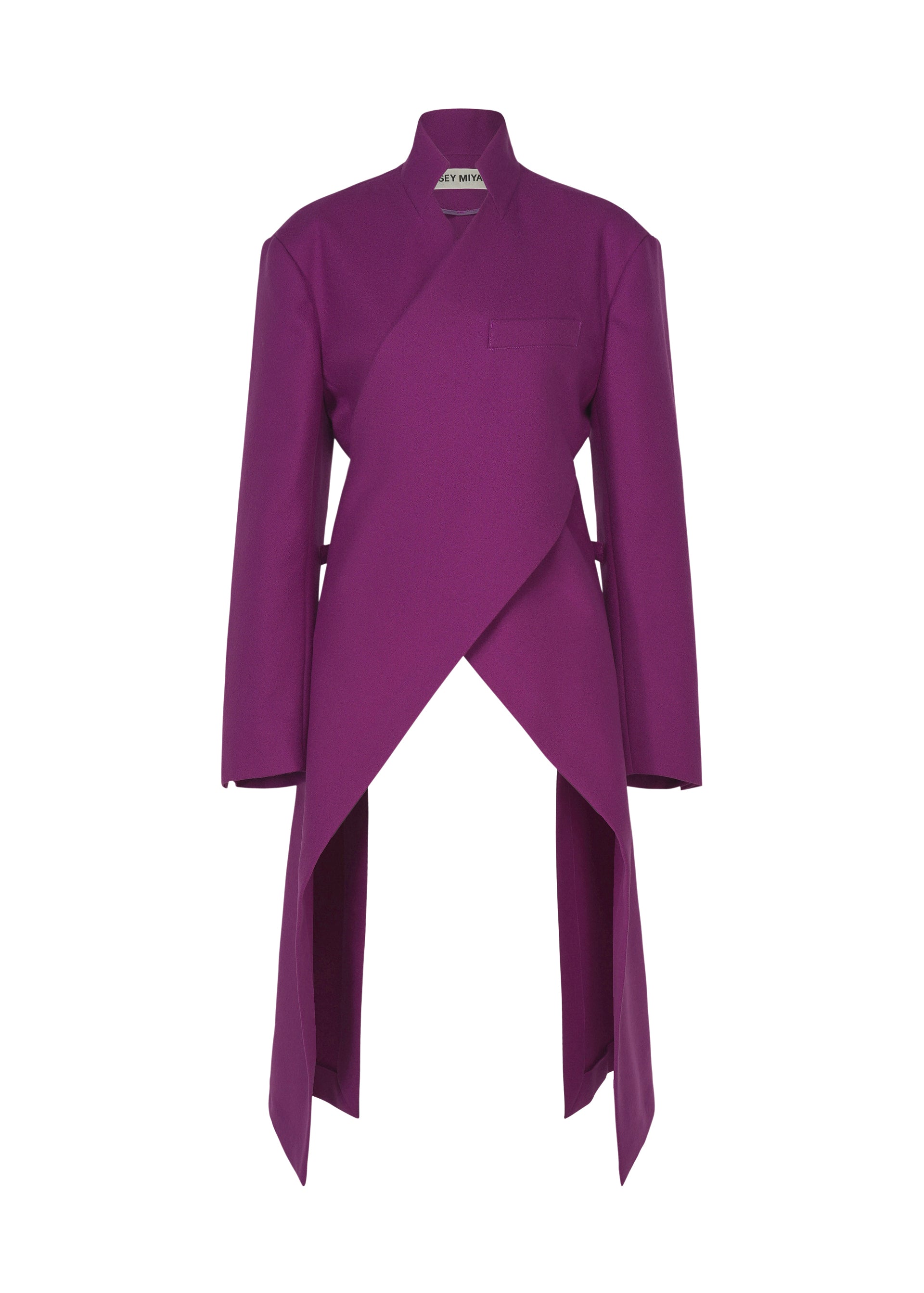 Zoomed view A long-sleeved, deep purple wrap coat from the ISSEY MIYAKE CALLIGRAPH collection, crafted from woven nashiji pebbled fabric with an asymmetrical hem and open front, inspired by the Autumn Winter Collection and displayed on a plain white background. - LIGHT PURPLE （no.81）