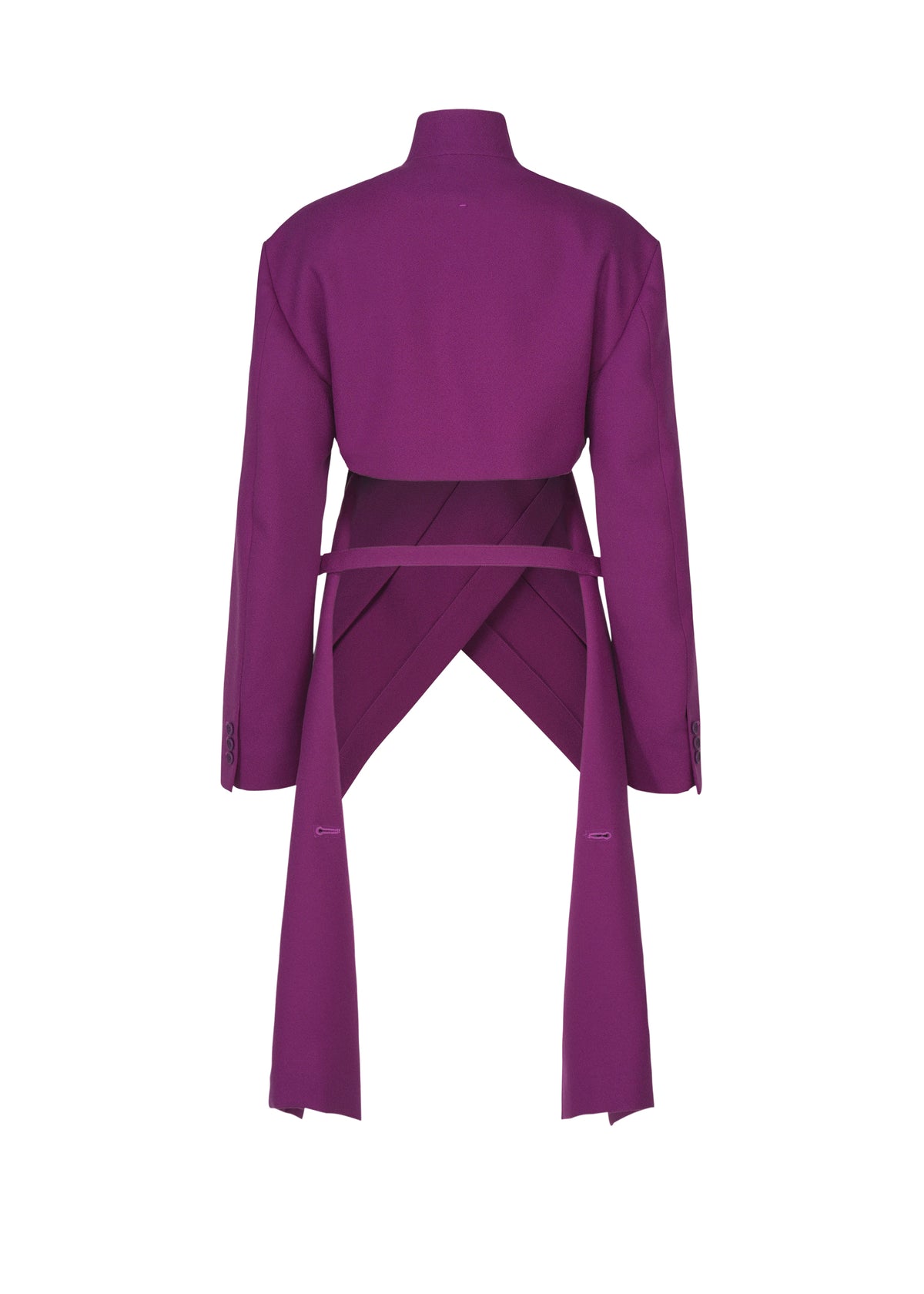 Introducing the CALLIGRAPH jacket from ISSEY MIYAKE—a luxurious deep purple, long-sleeve wool piece featuring a high collar and two wide fabric panels that cross elegantly at the lower back, flowing into long decorative sashes. Inspired by the ISSEY MIYAKE Autumn Winter Collection, this jacket showcases a woven nashiji pebbled texture for added sophistication and visual interest. view 4 of 8