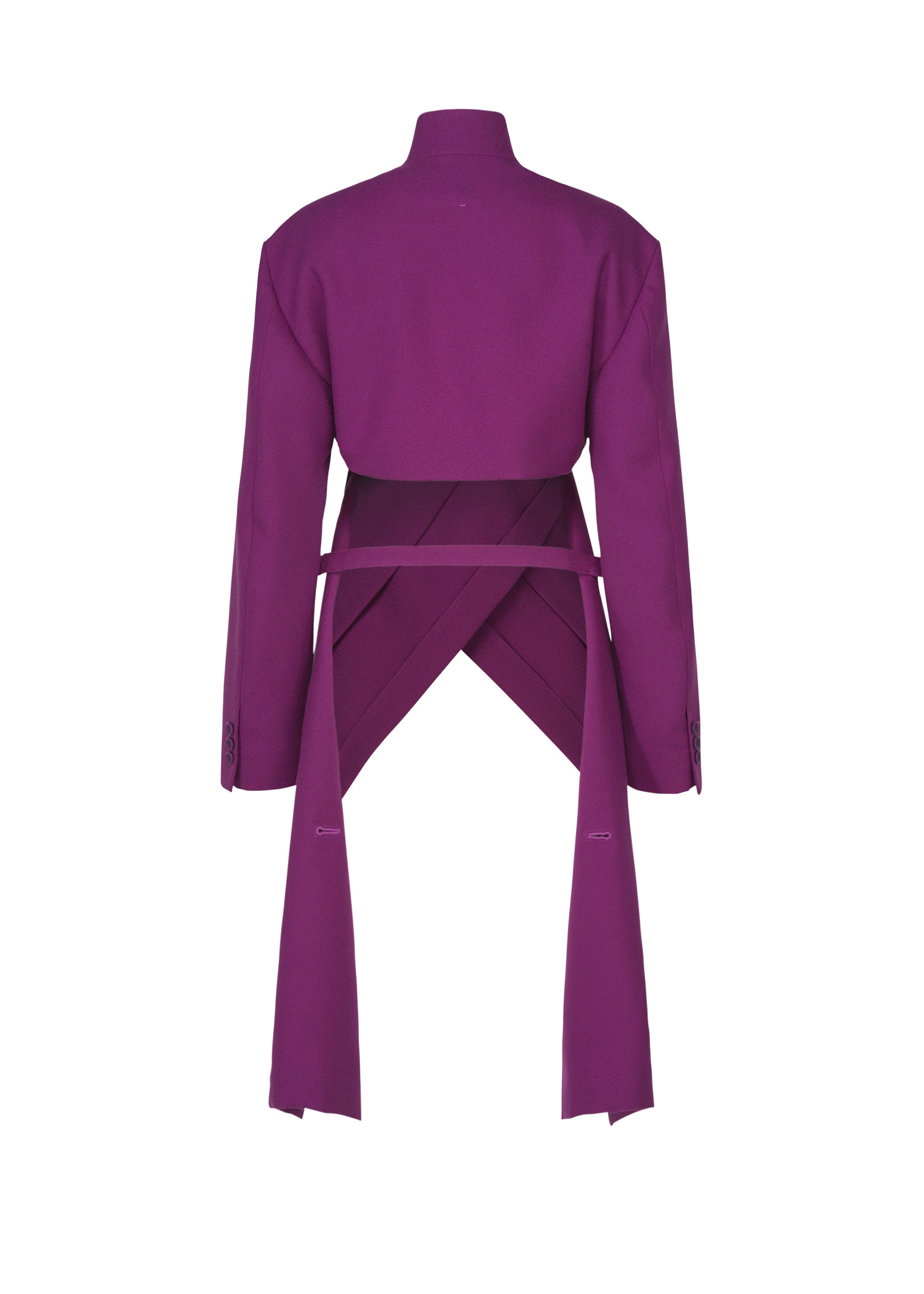 Zoomed view Introducing the CALLIGRAPH jacket from ISSEY MIYAKE—a luxurious deep purple, long-sleeve wool piece featuring a high collar and two wide fabric panels that cross elegantly at the lower back, flowing into long decorative sashes. Inspired by the ISSEY MIYAKE Autumn Winter Collection, this jacket showcases a woven nashiji pebbled texture for added sophistication and visual interest.