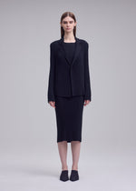 A person faces forward, wearing ISSEY MIYAKE’s HATCHING PLEATS black pinstriped pleated tailored jacket and matching knee-length skirt with black slip-on shoes, set against a plain light gray background.