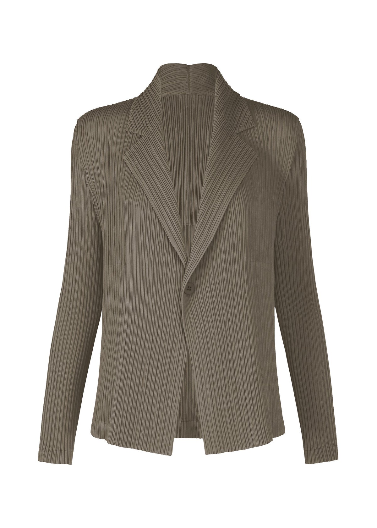 Zoomed view The HATCHING PLEATS by ISSEY MIYAKE is a long-sleeved, single-button olive green tailored jacket with notched lapels and pleats, made from recycled polyester and shown against a plain white background. - GRAY （no.12）