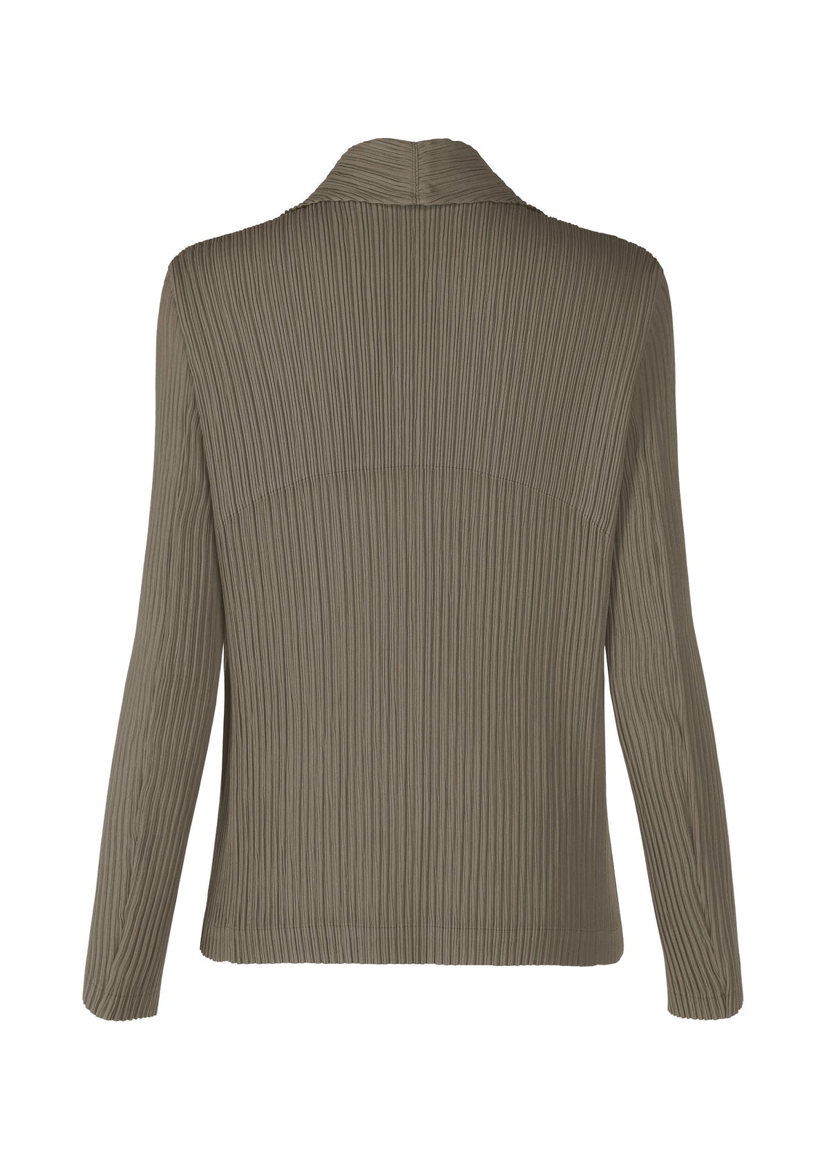 A back view of the long-sleeve HATCHING PLEATS jacket in olive green by ISSEY MIYAKE, featuring ribbed texture, short collar, and recycled polyester, shown on a plain white background. view 3 of 6