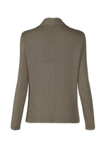 A back view of the long-sleeve HATCHING PLEATS jacket in olive green by ISSEY MIYAKE, featuring ribbed texture, short collar, and recycled polyester, shown on a plain white background.
