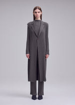 A woman faces forward in the ISSEY MIYAKE HATCHING PLEATS long gray pinstriped coat over matching pants and black shoes, set against a plain light gray background.