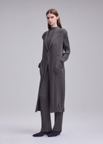 A woman poses against a plain background, wearing the ISSEY MIYAKE HATCHING PLEATS long gray pinstriped coat, layered over matching wide-leg pants and top. Her hands are in her pockets and her brown hair is tucked behind her ears.