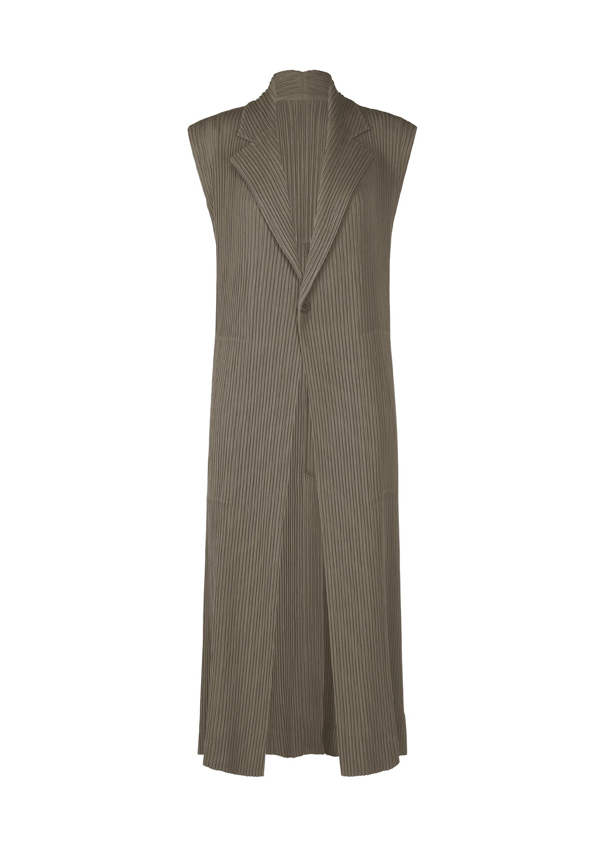 Zoomed view HATCHING PLEATS by ISSEY MIYAKE: A sleeveless, ankle-length pinstriped pleated vest with a notched lapel collar, tailored fit, and textured finish, shown on a white background. - GRAY （no.12）