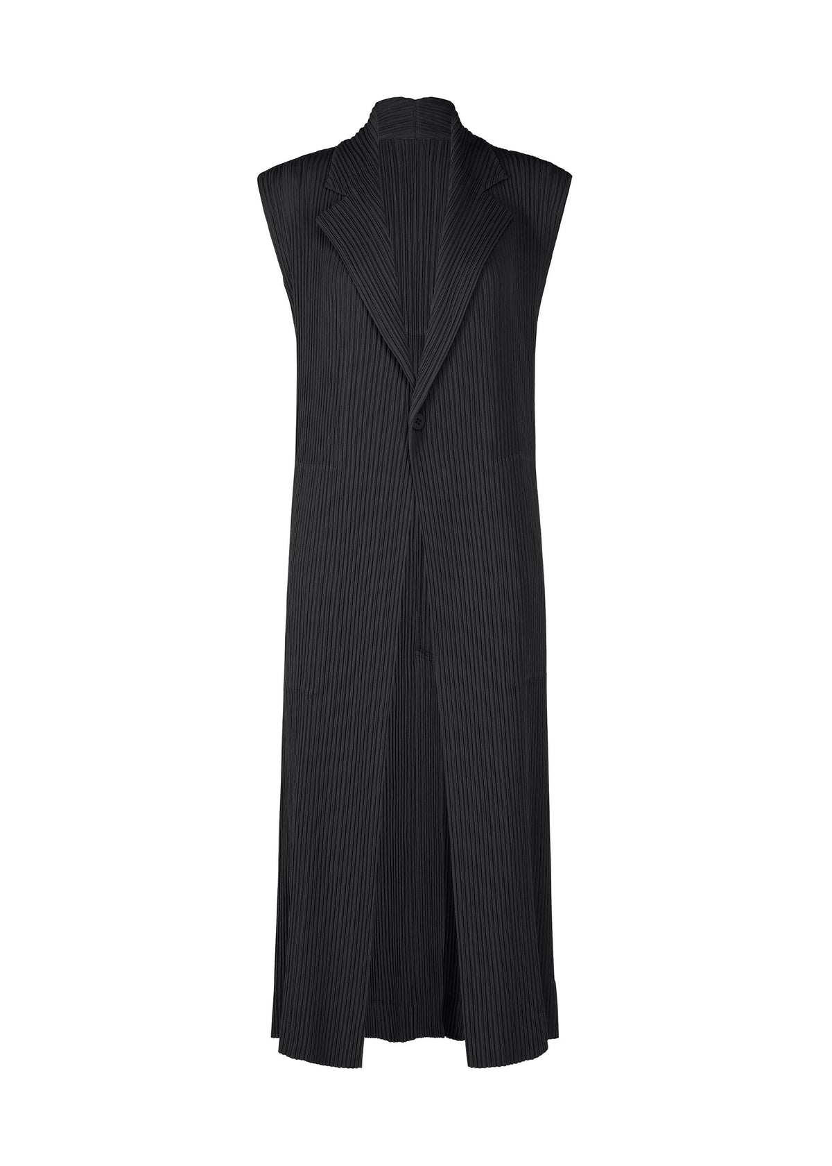 Zoomed view The ISSEY MIYAKE HATCHING PLEATS is a long, sleeveless black pinstripe vest with pleats, notched lapels, single button closure, and a textured recycled polyester finish on a plain white background. - BLACK （no.15）